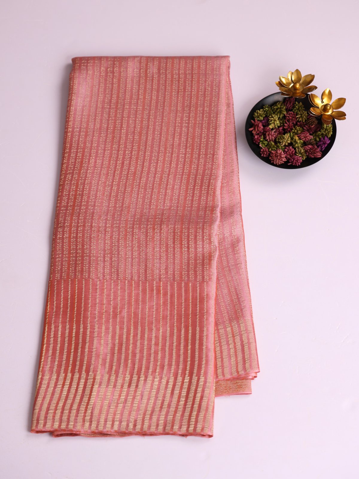 Peachy Pink Striped Mysore Crepe Silk Saree