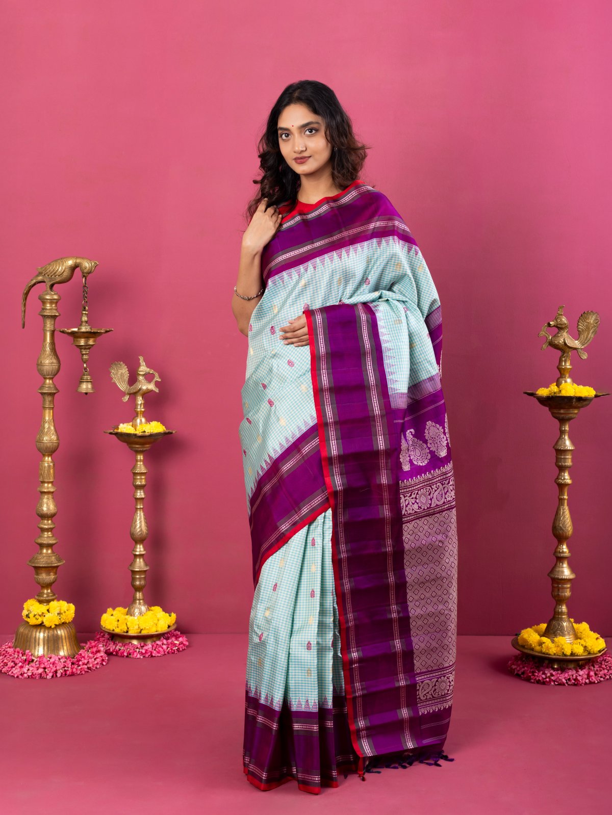 Light Blue Checked Gadwal Silk Saree