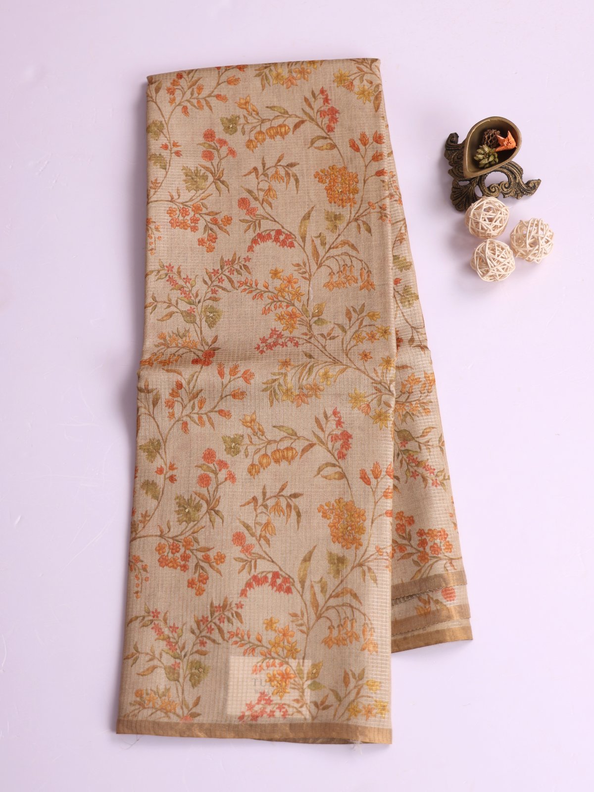 Beige Printed Tussar Silk Saree