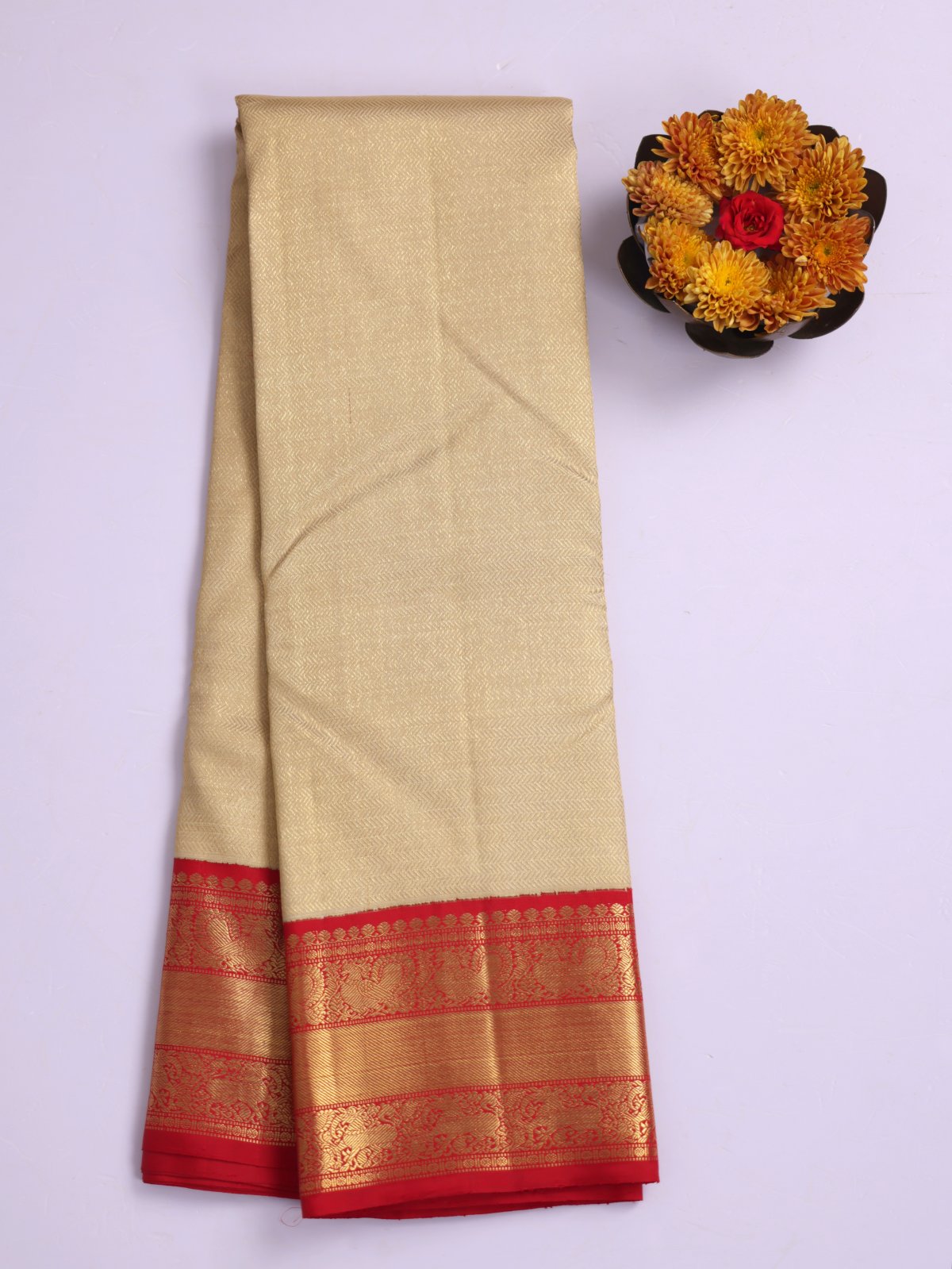 Cream Zari Brocade Kanjeevaram Silk Saree With Red Border