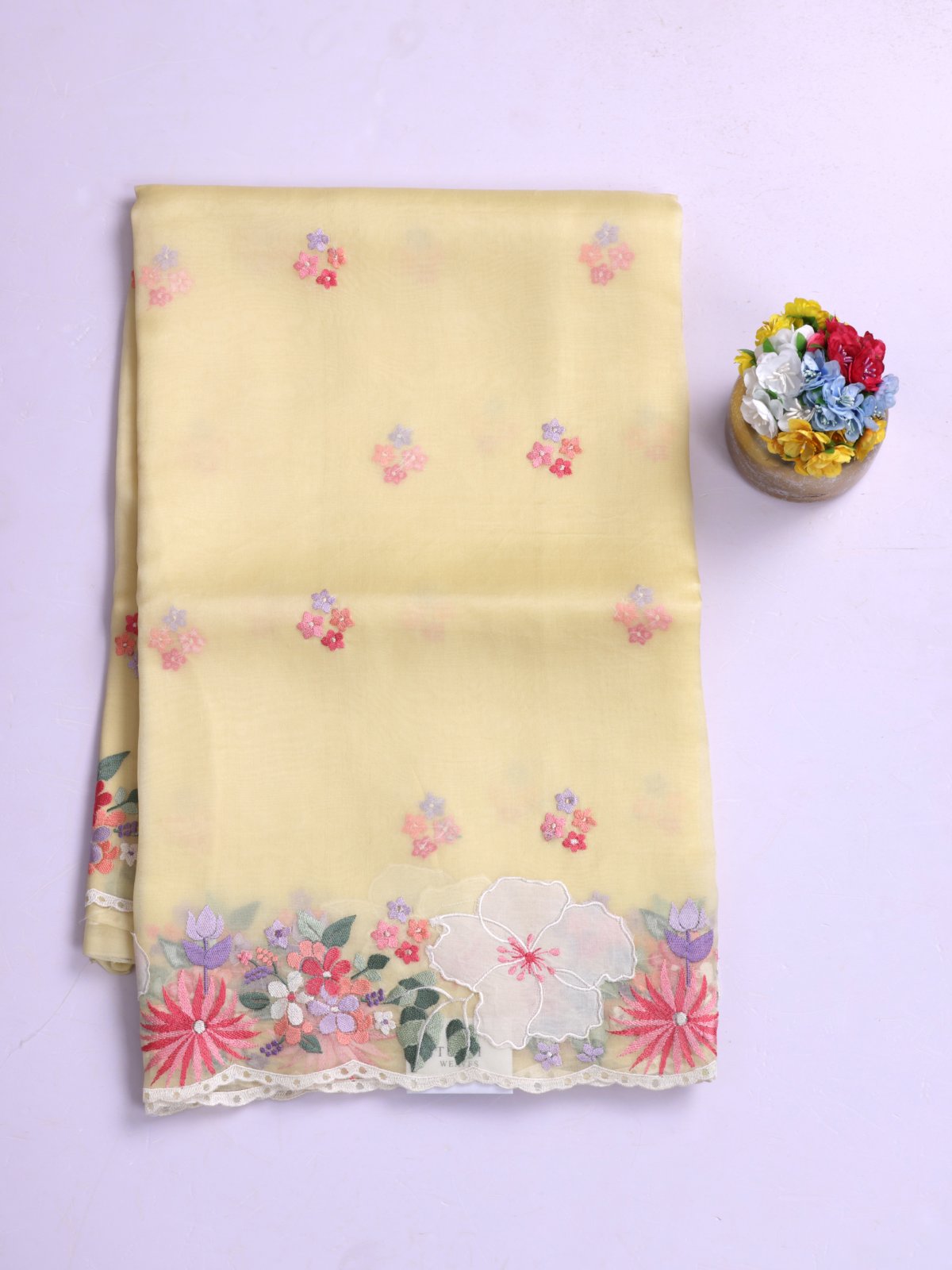 Light Yellow Embroidered Organza Silk Saree With Applique Work