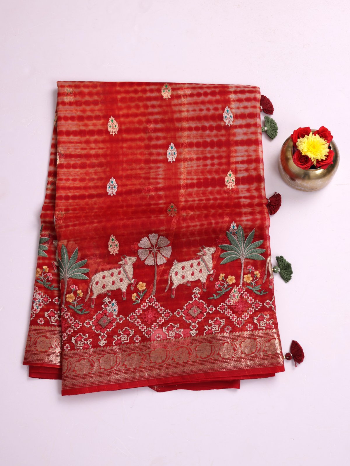 Red Organza Silk Saree With Embroidered Border
