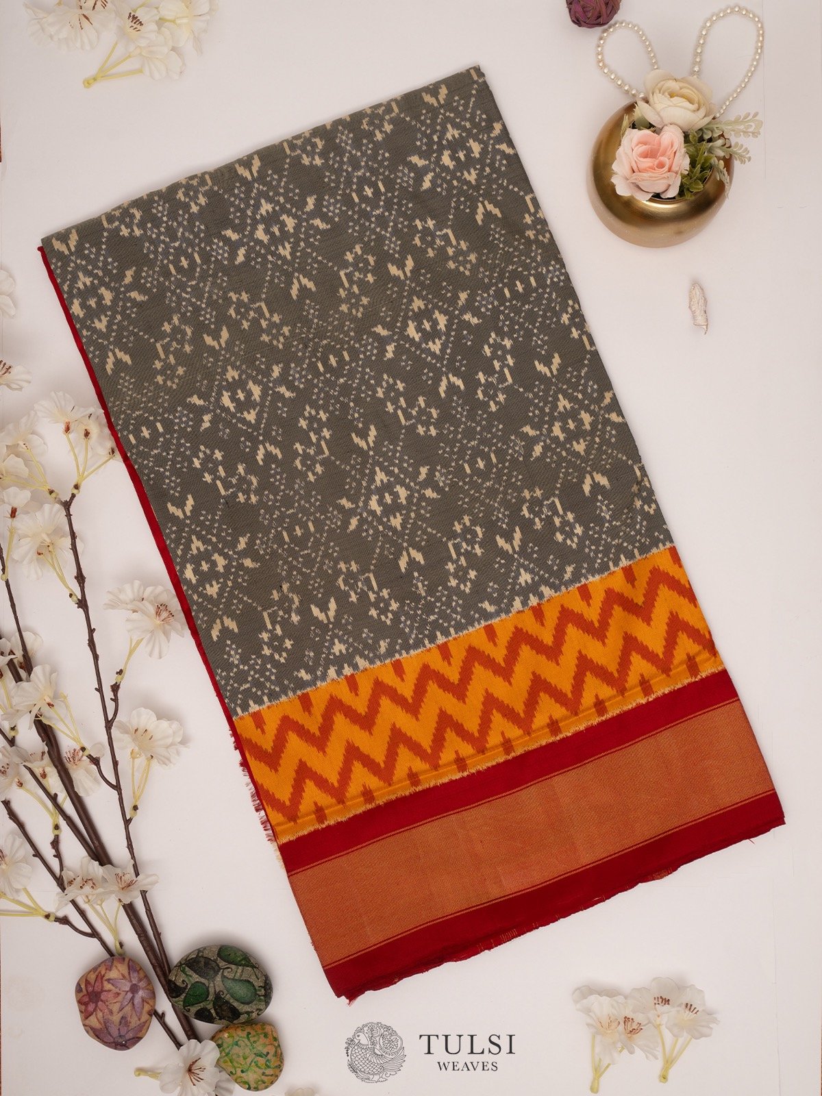 Grey Ikat Silk Saree with Mustard and Red border