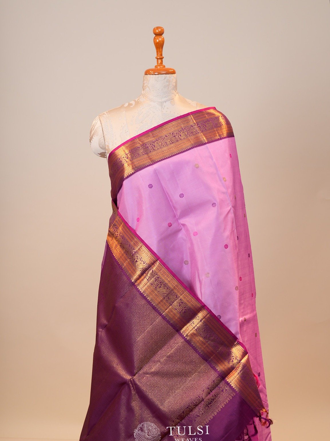 Violet Pink Kanjeevaram Silk Saree with Contrast Border