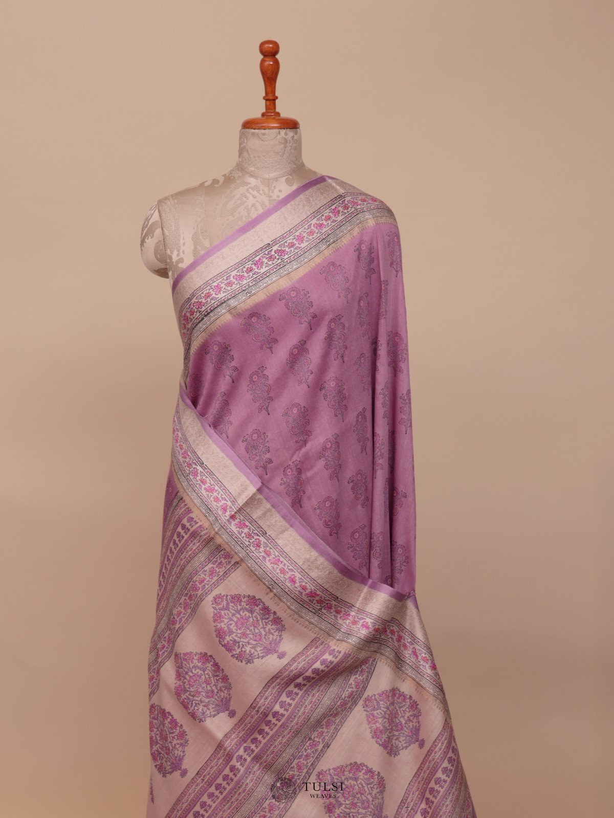 Mauve Printed Munga Tussar Silk Saree