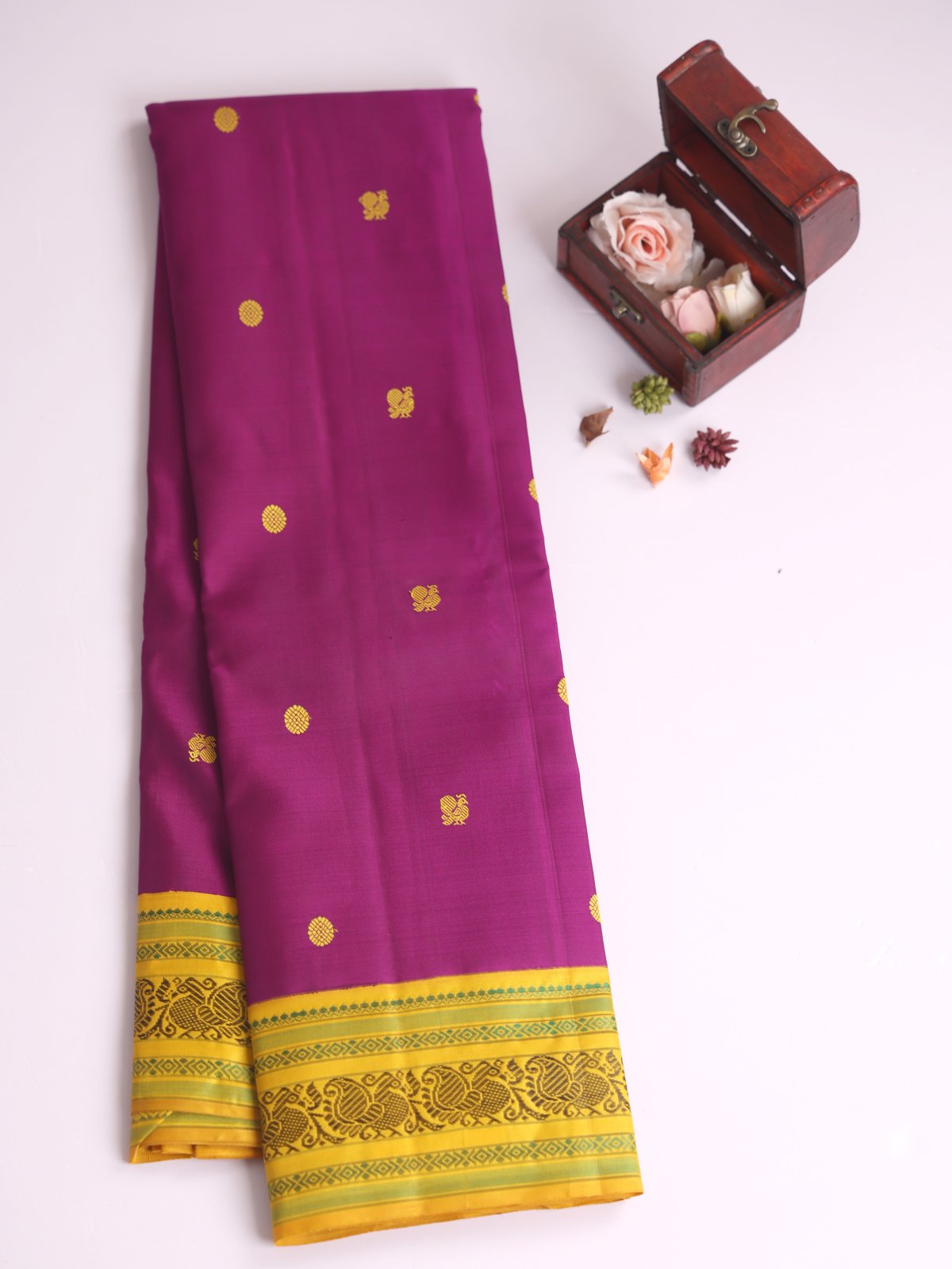  Purple Kanjeevaram Pattu Pettu Silk Saree with Yellow Border