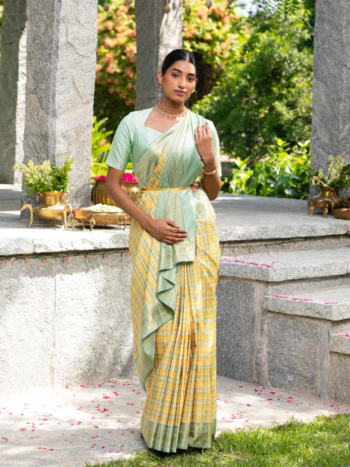 Multi Color-Checked Kanjeevaram Silk Sarees With Pastel Green Border