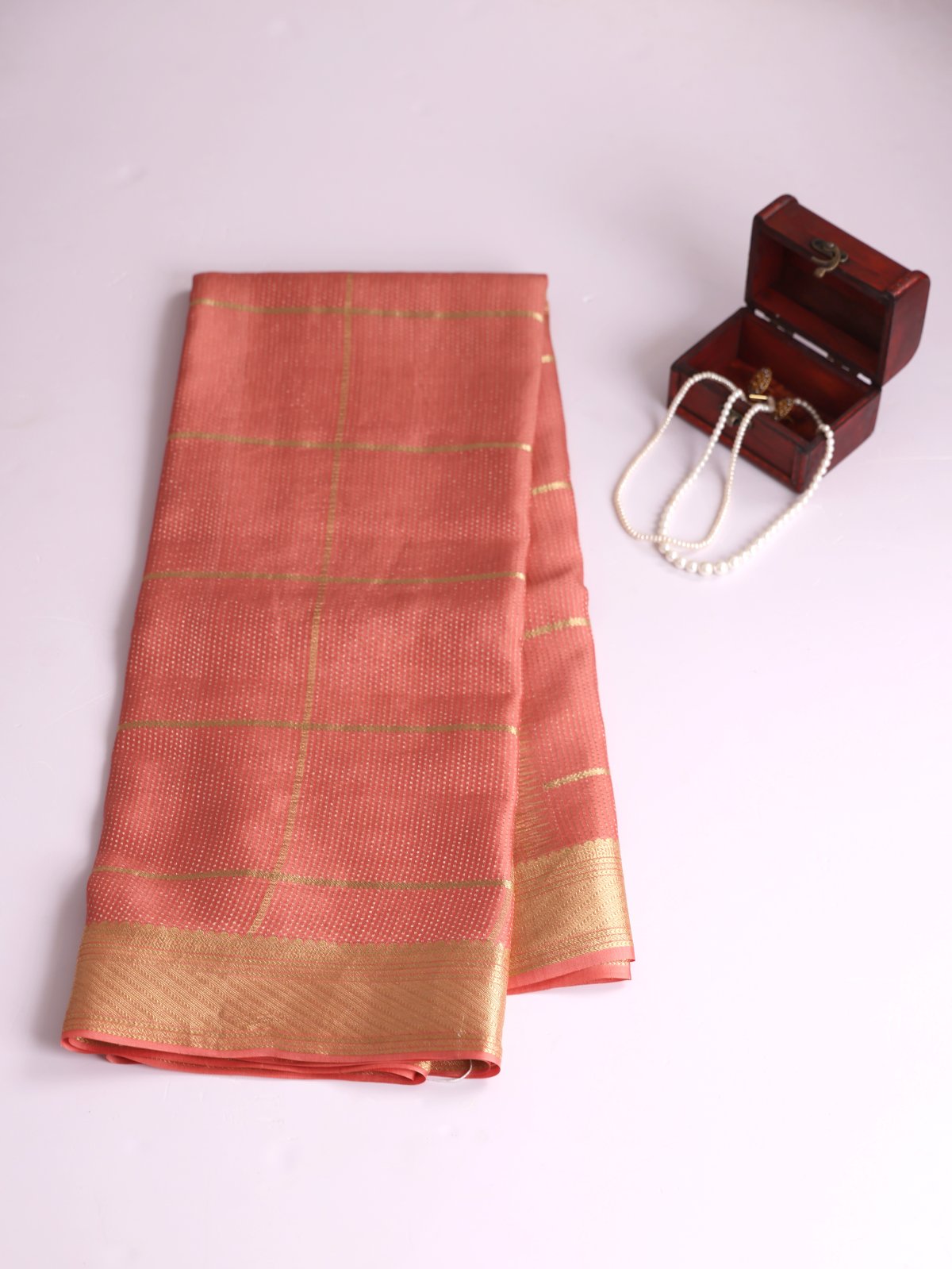 Peach Zari Checked Mysore Crepe Silk Saree