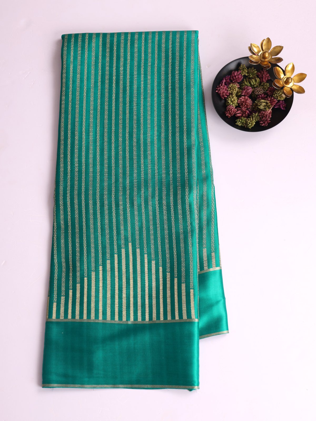 Teal Zari Striped Mysore Silk Saree With Satin Border