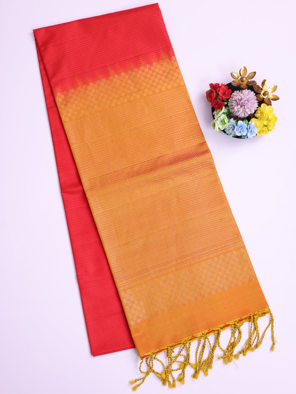 Reddish Orange Soft Silk Saree With Orangish Yellow Border