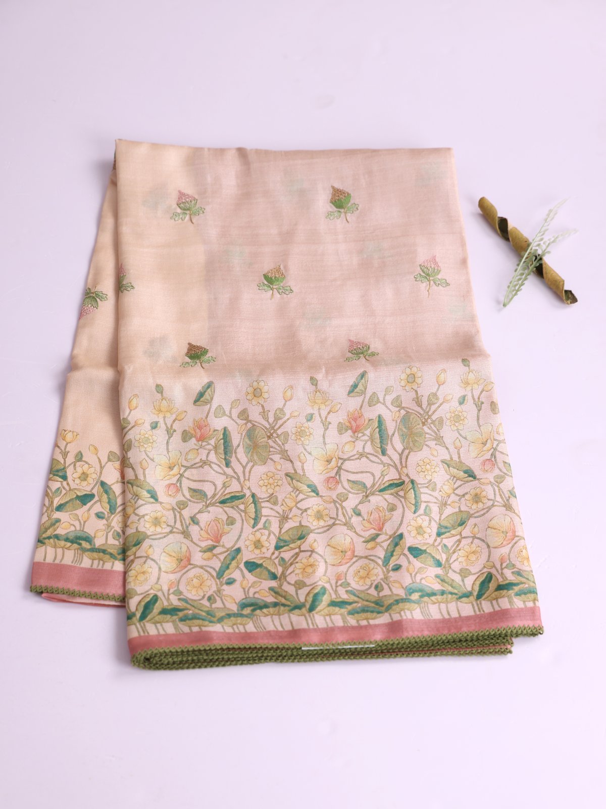 Light Peach Tussar Silk Saree With Printed Border