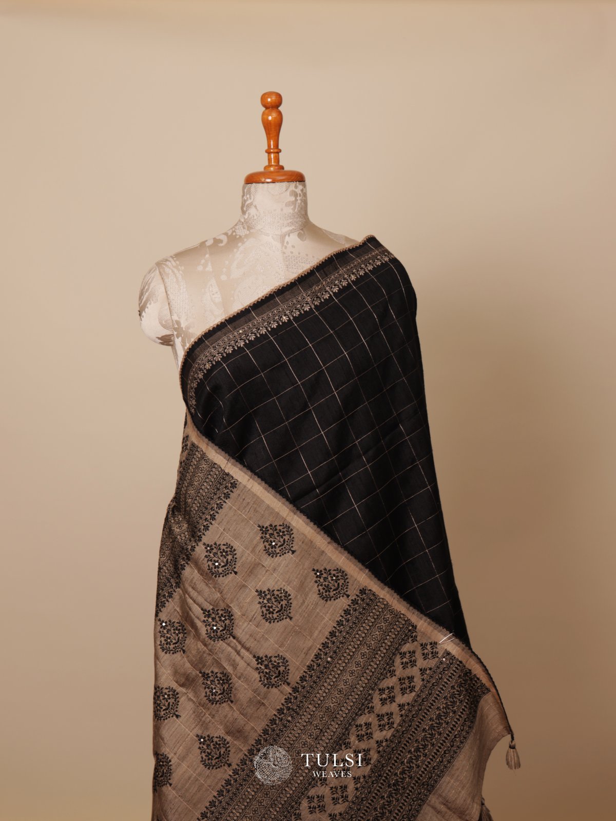 Black Tussar Embroidary Silk Saree