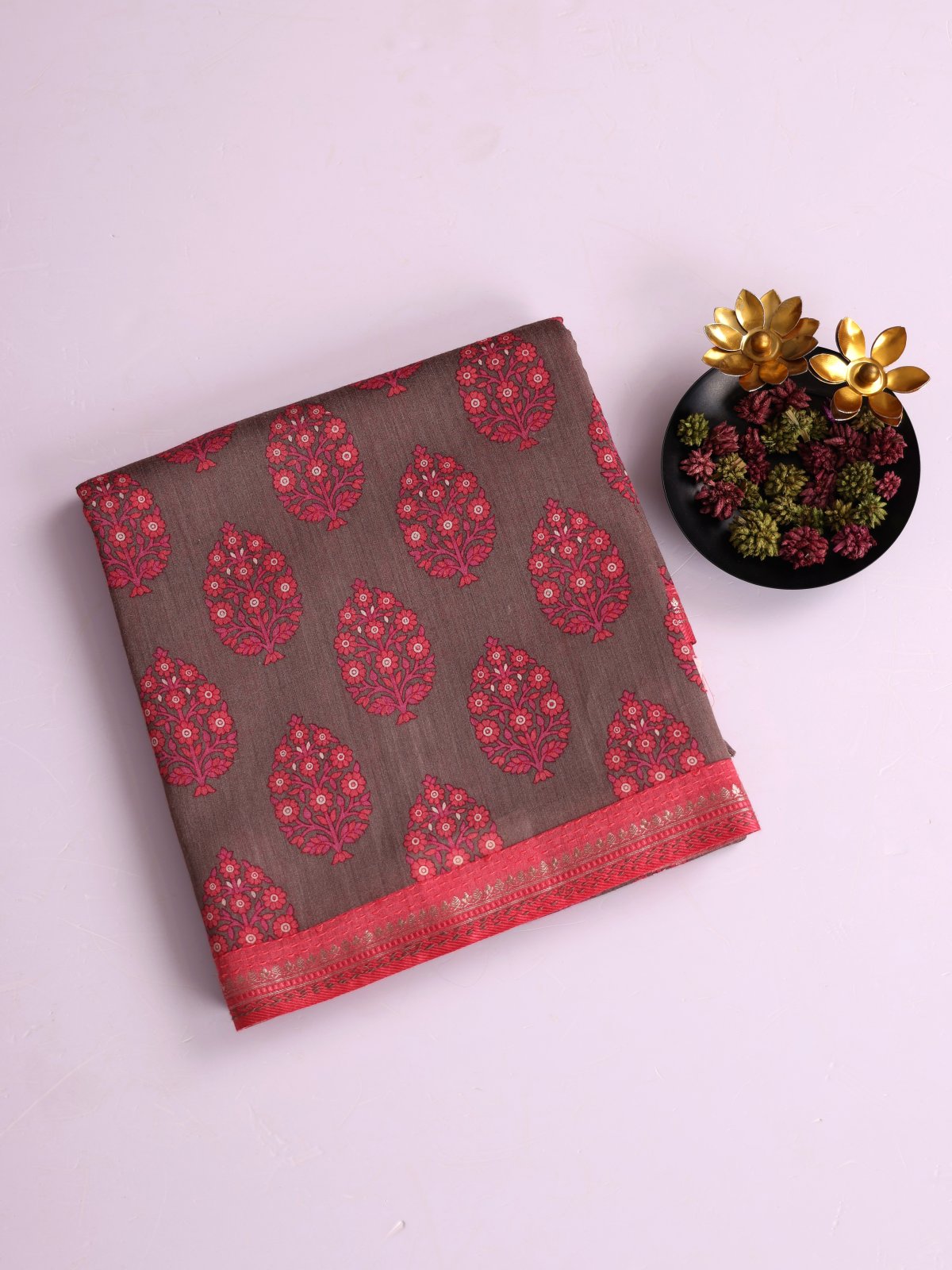Purplish Brown Printed Munga Tussar Silk Saree With Peachy Pink Kantha Embroidered Border