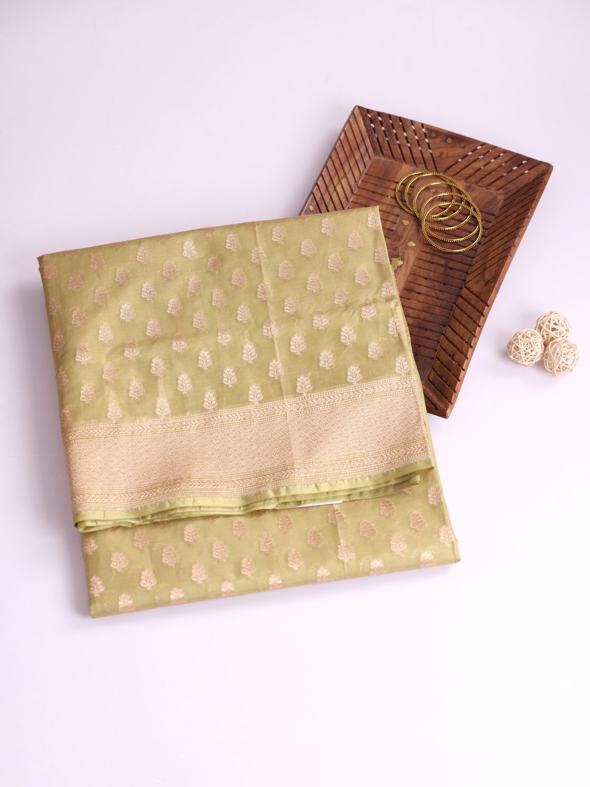 Light Green Tissue Banaras Silk Saree With Zari Border