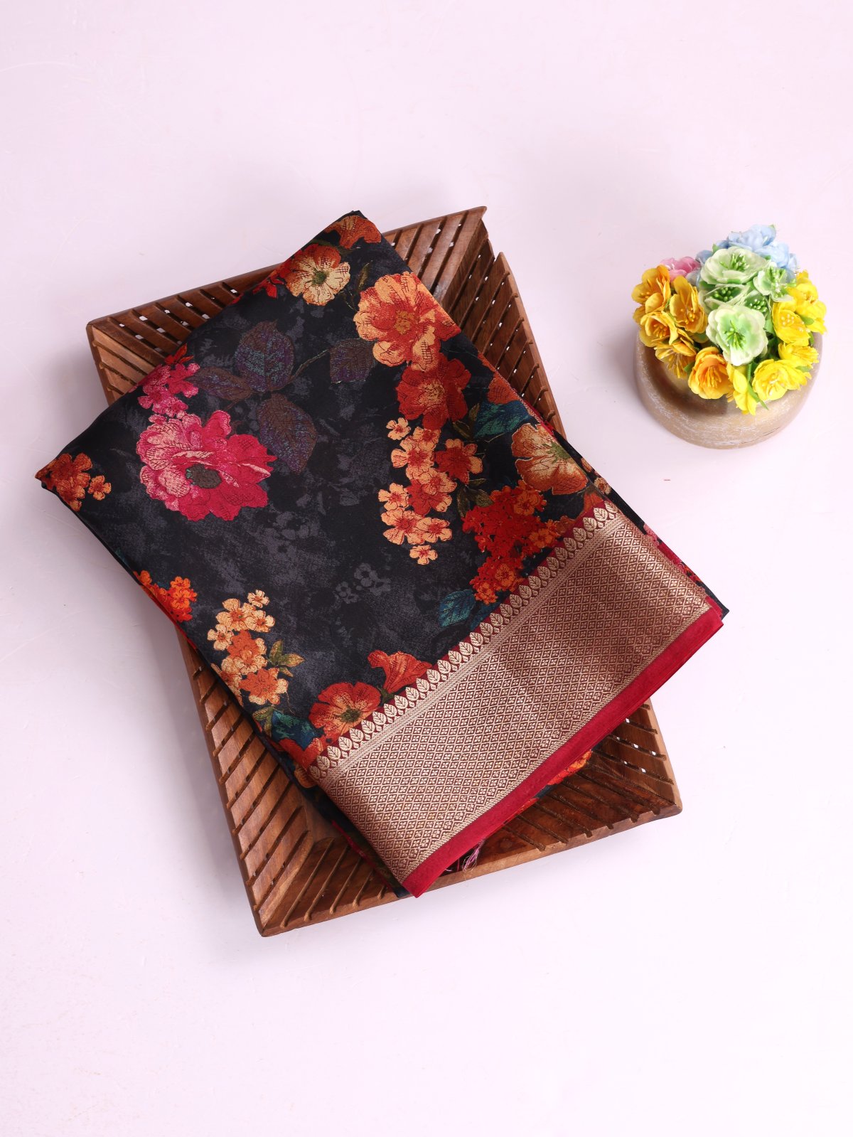 Black Printed Chaniya Silk Saree With Zari Border