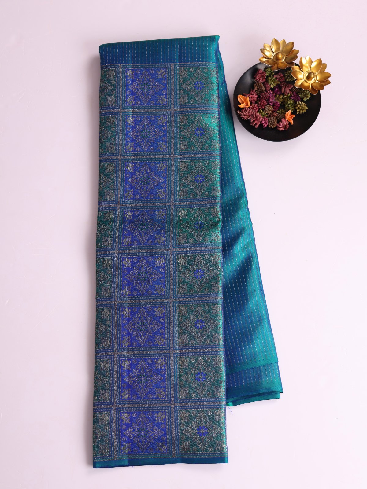 Peacock Blue Half And Half Kanjeevaram Silk Saree