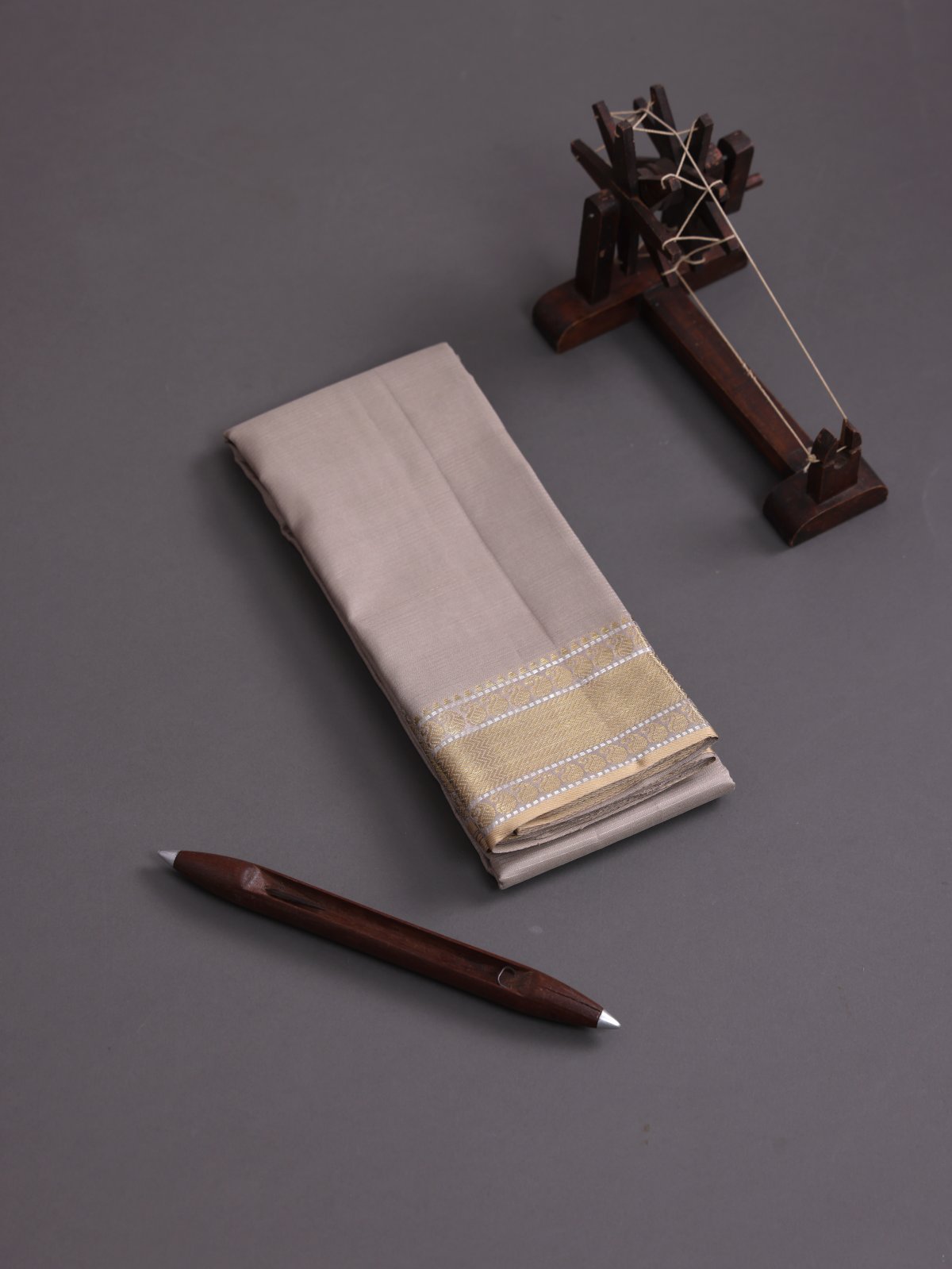 Gray Zari Striped Silk Dhoti With Zari Border