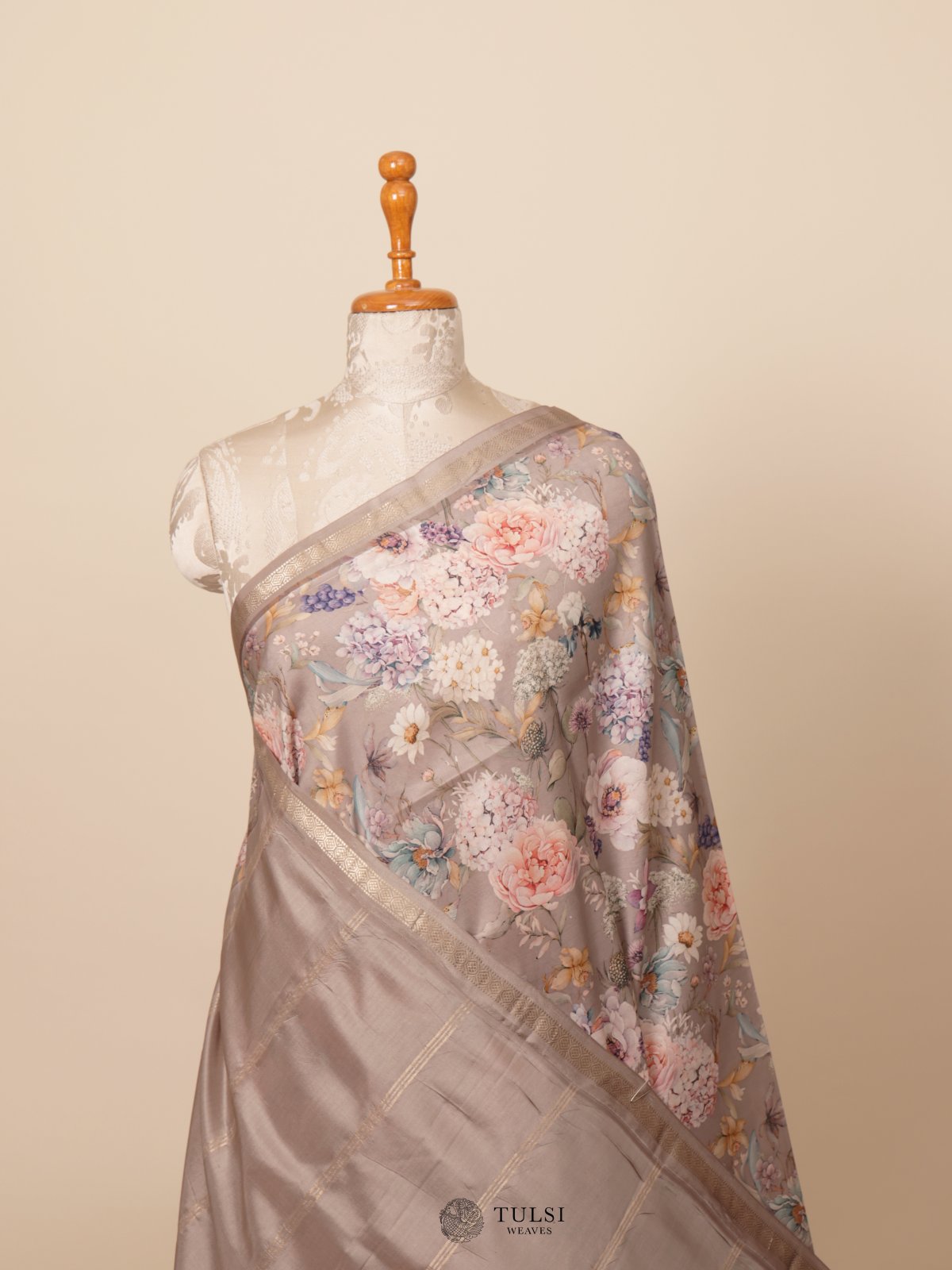 Grey Printed Kanjeevaram Silk Saree