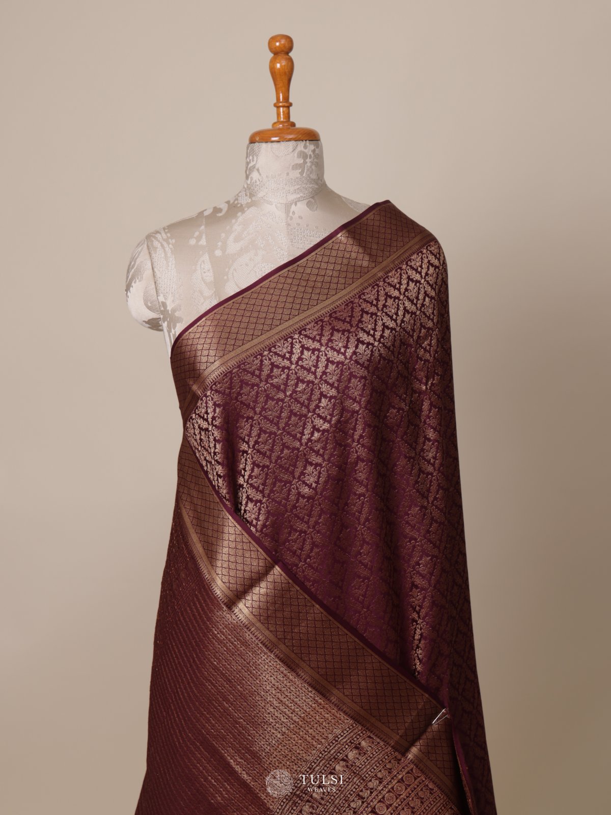Dark Burgundy Banaras Crepe Silk Saree