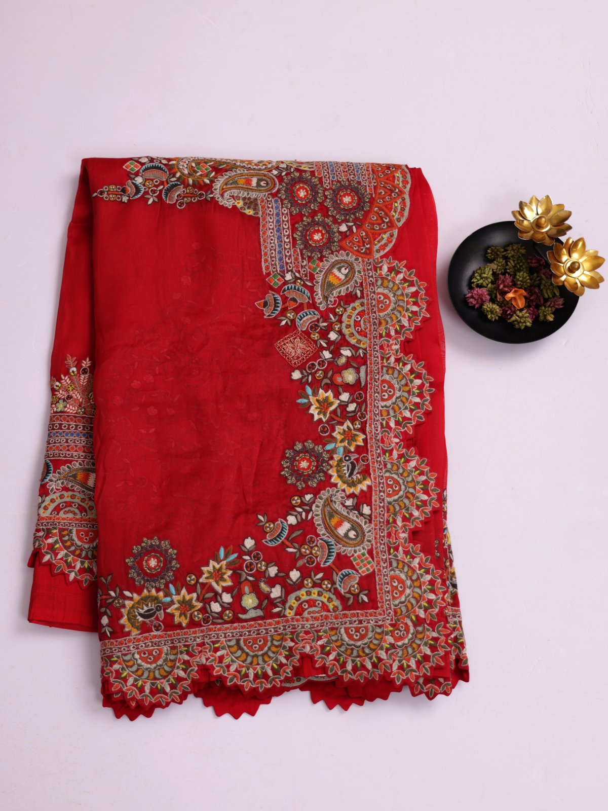 Red Organza Silk Saree With Embroidered Border