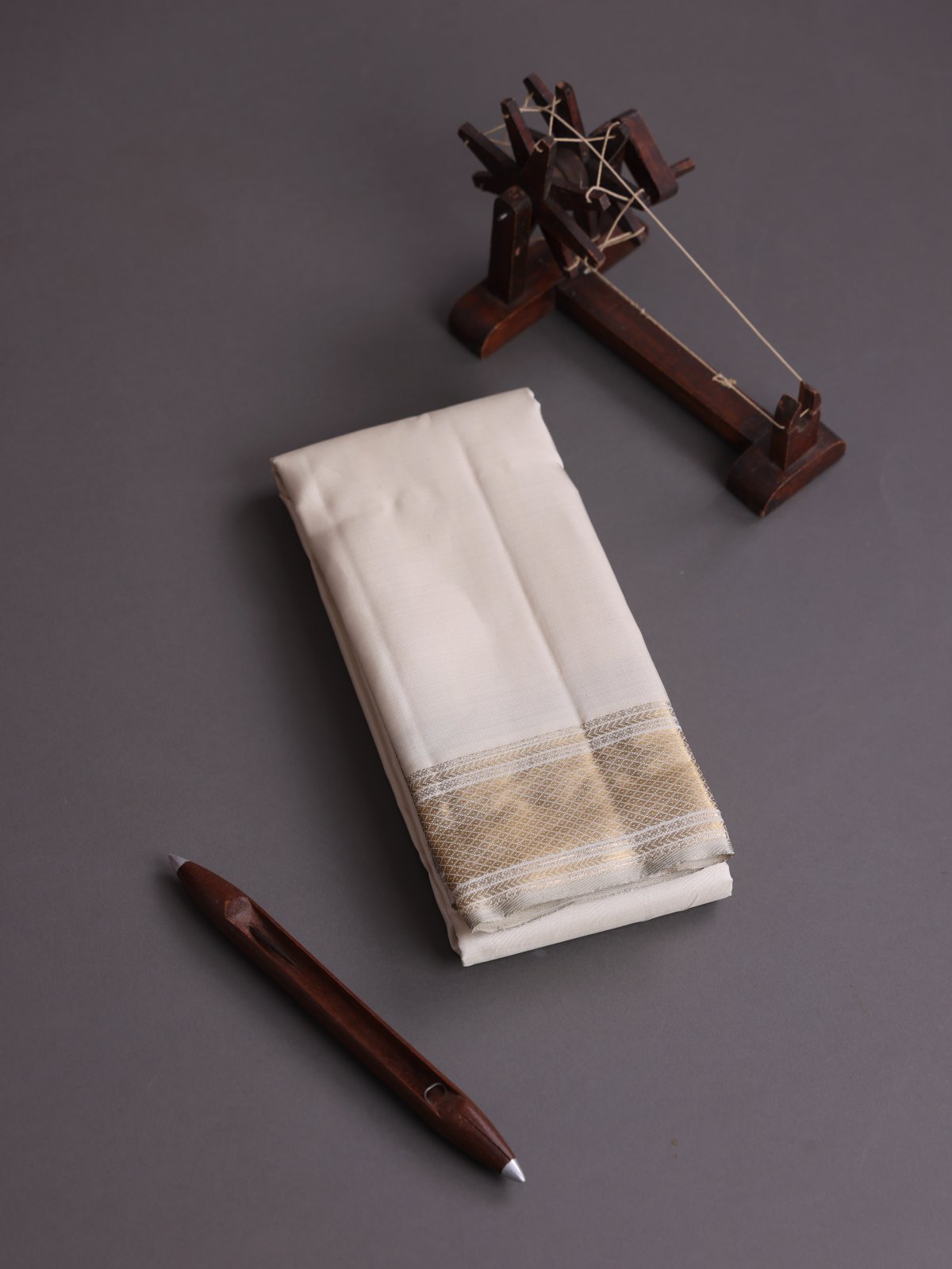 Light Beige Silk Dhoti With Zari Border