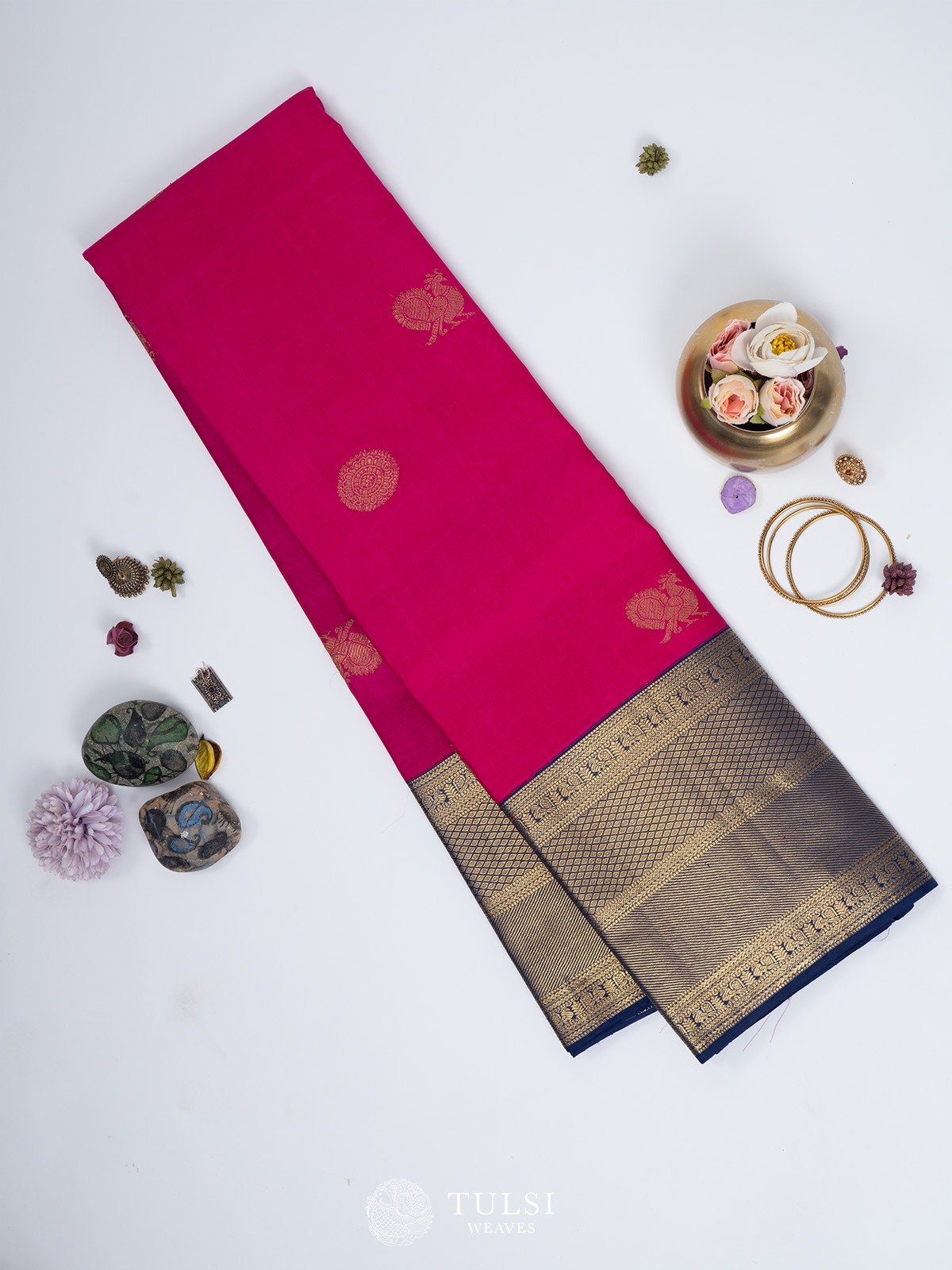 Dark Pink Kanjeevaram Silk Saree with Navy Blue Korvai Border