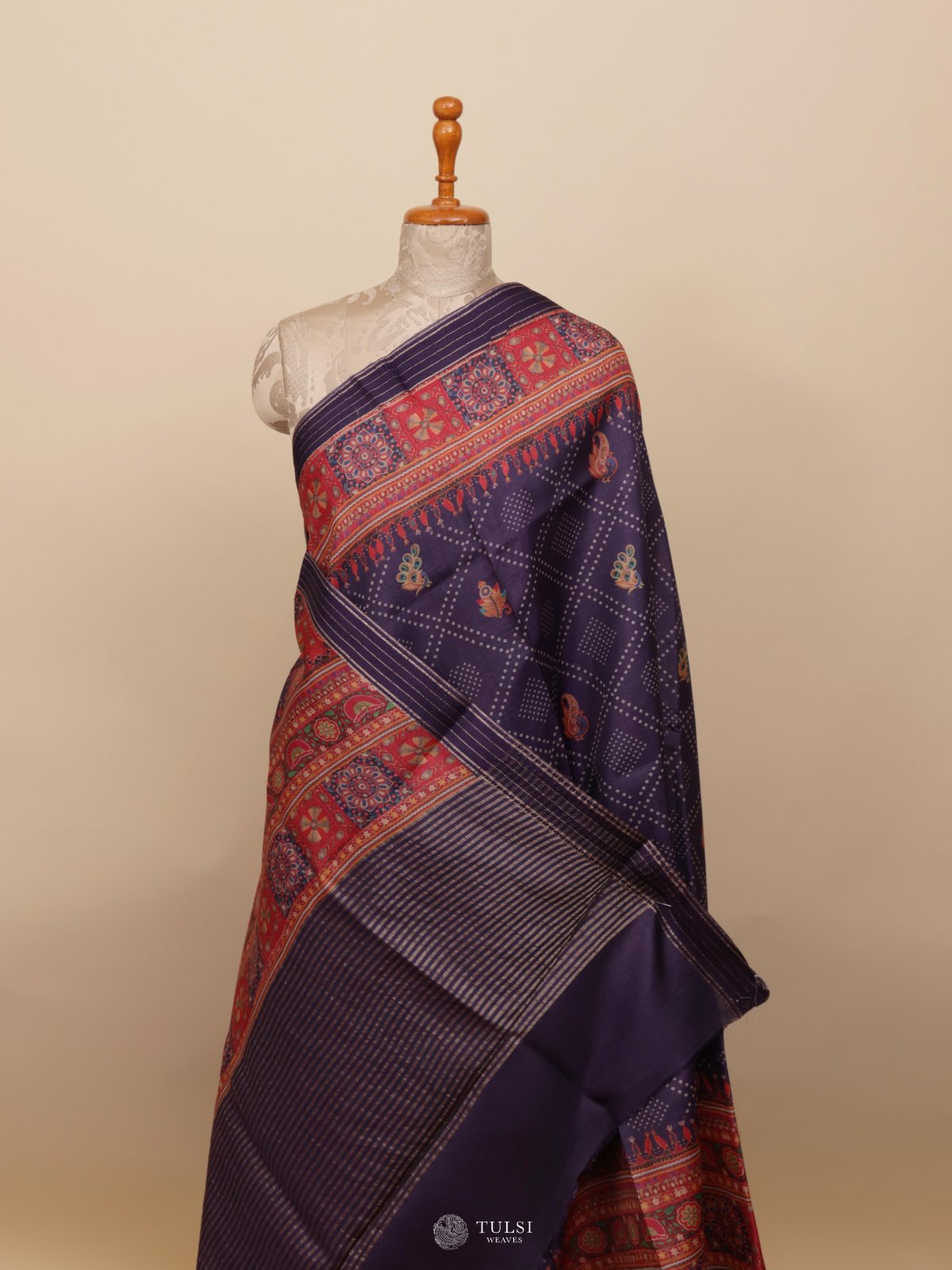 Purple Printed Tussar Silk Saree