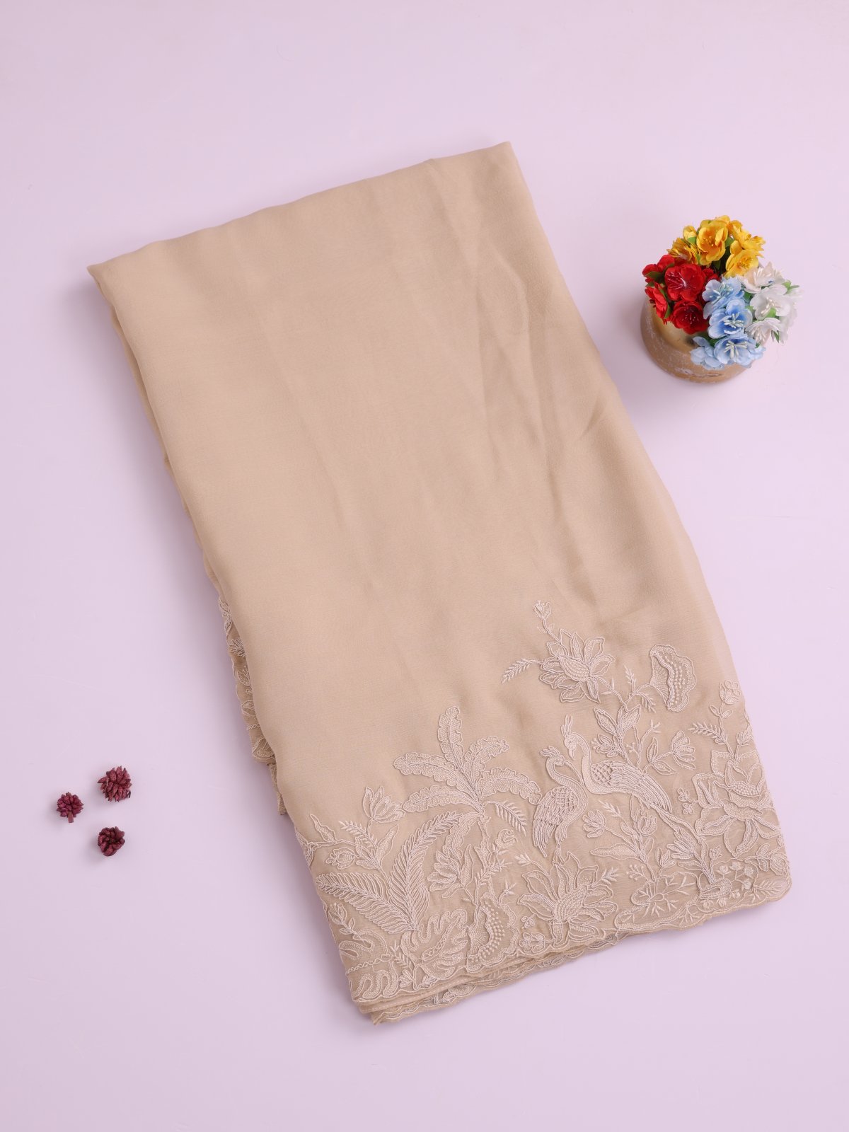 Beige Embroidered Chiffon Saree