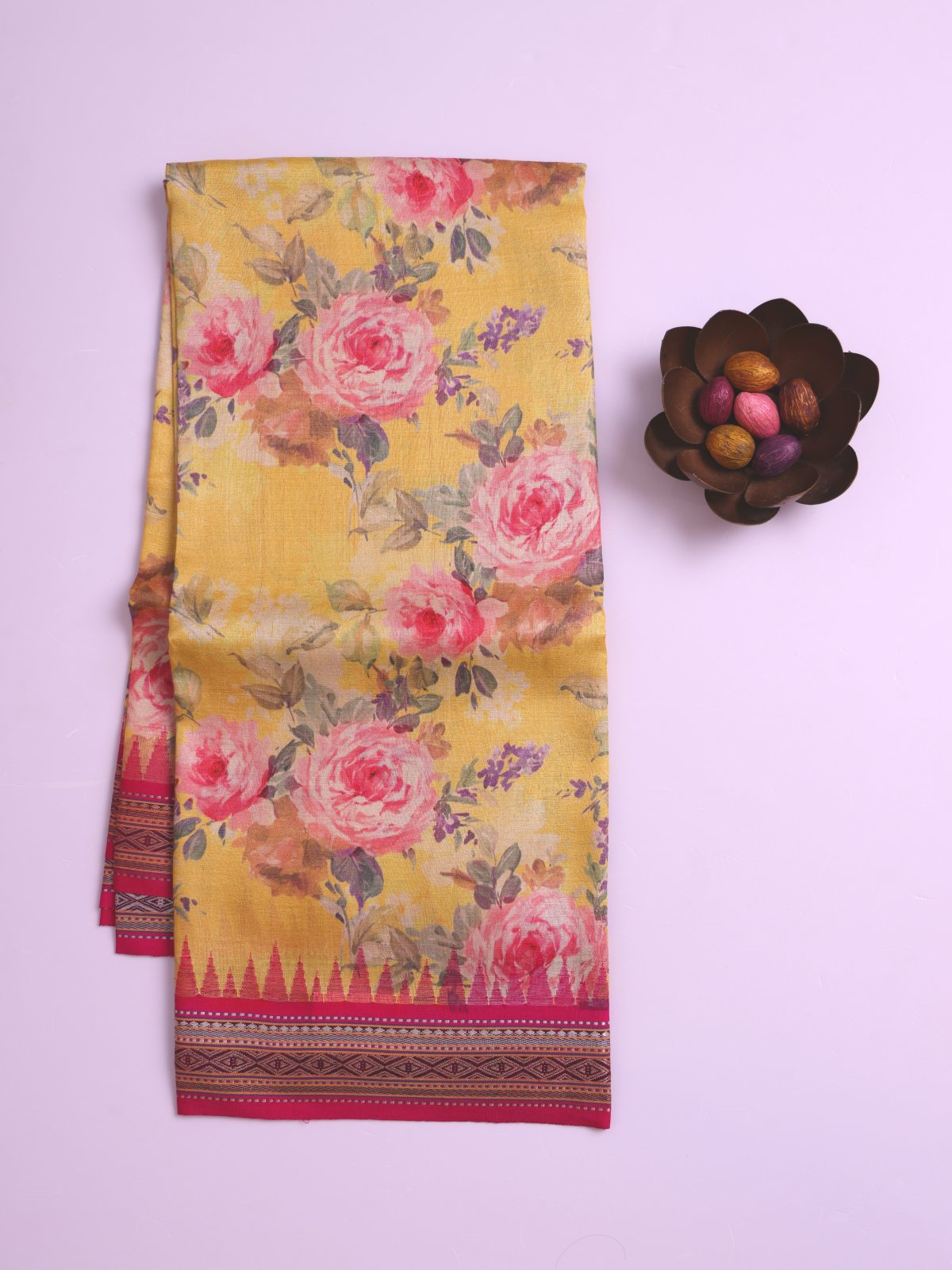 Yellow Printed Tussar Silk Saree with Pink Vidarbha Border