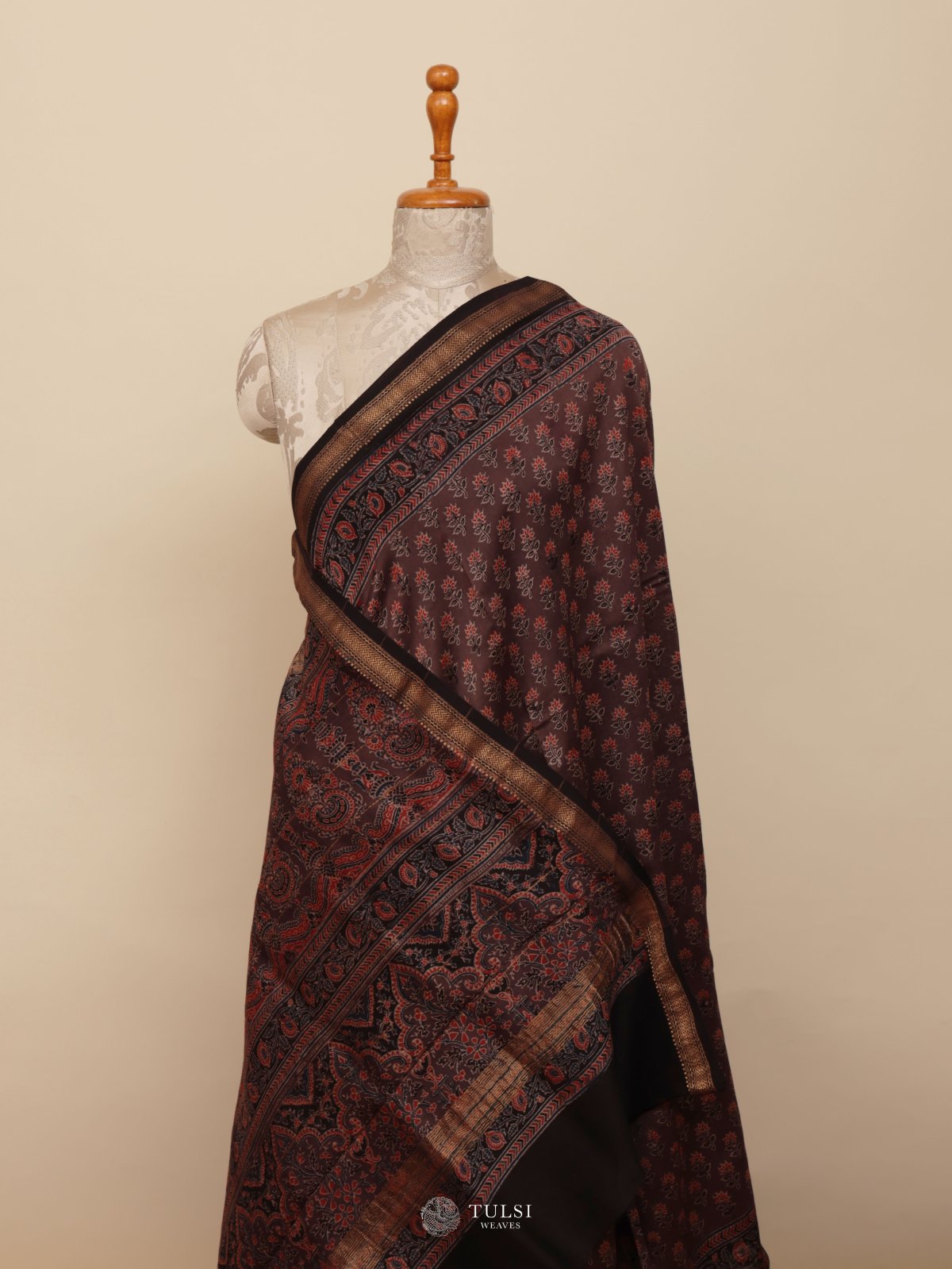 Dark Brown Printed Chanderi Silk Saree