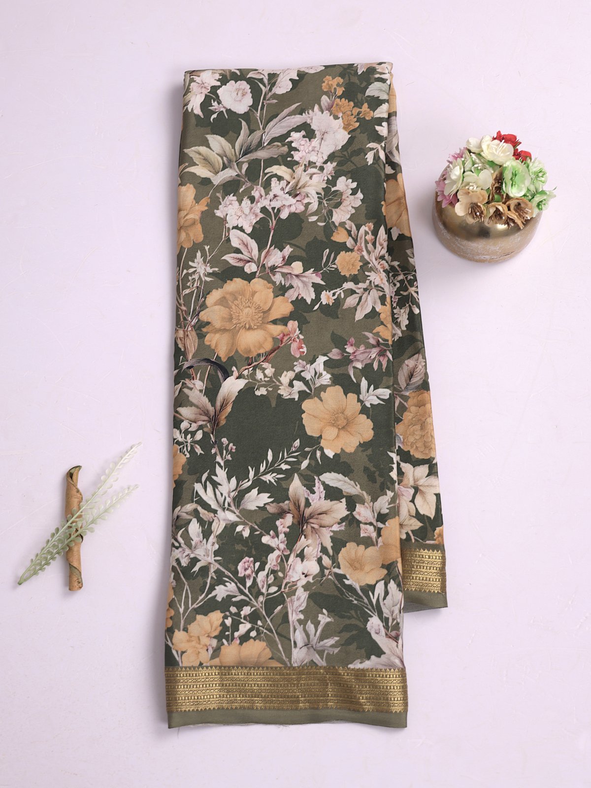 Green Printed Mysore Crepe Silk Saree With Zari Border