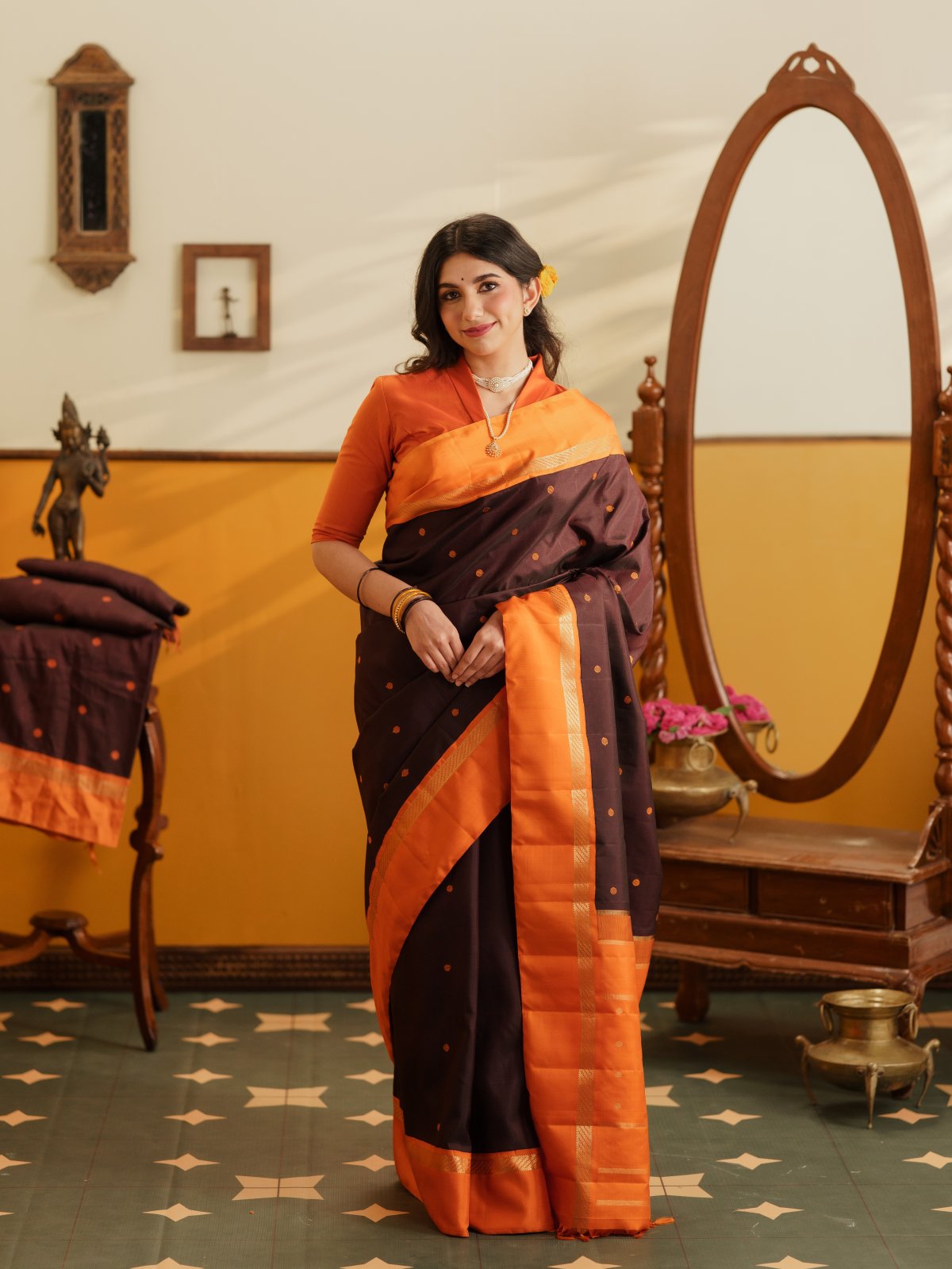 Vintage 15 - Wine Brown Kanjeevaram Silk saree with an Orange border