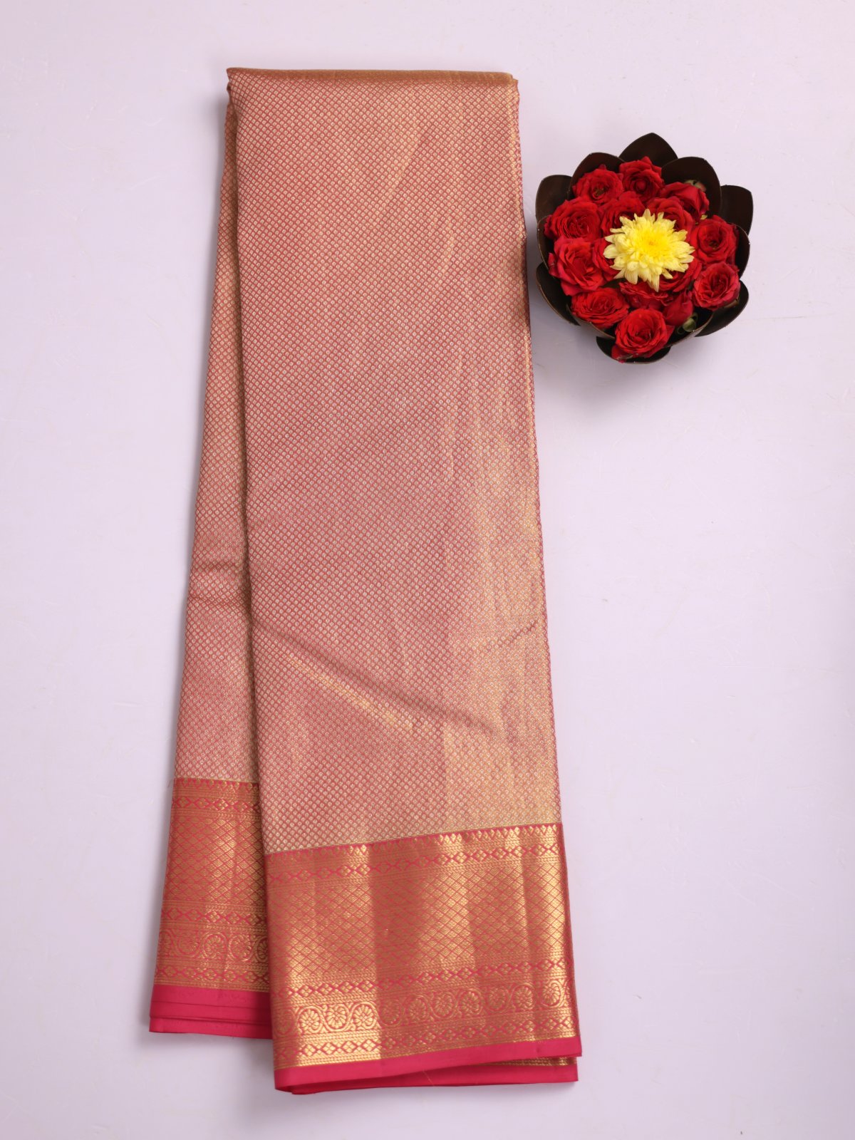 Peachy Pink Zari Brocade Kanjeevaram Silk Saree With Zari Border