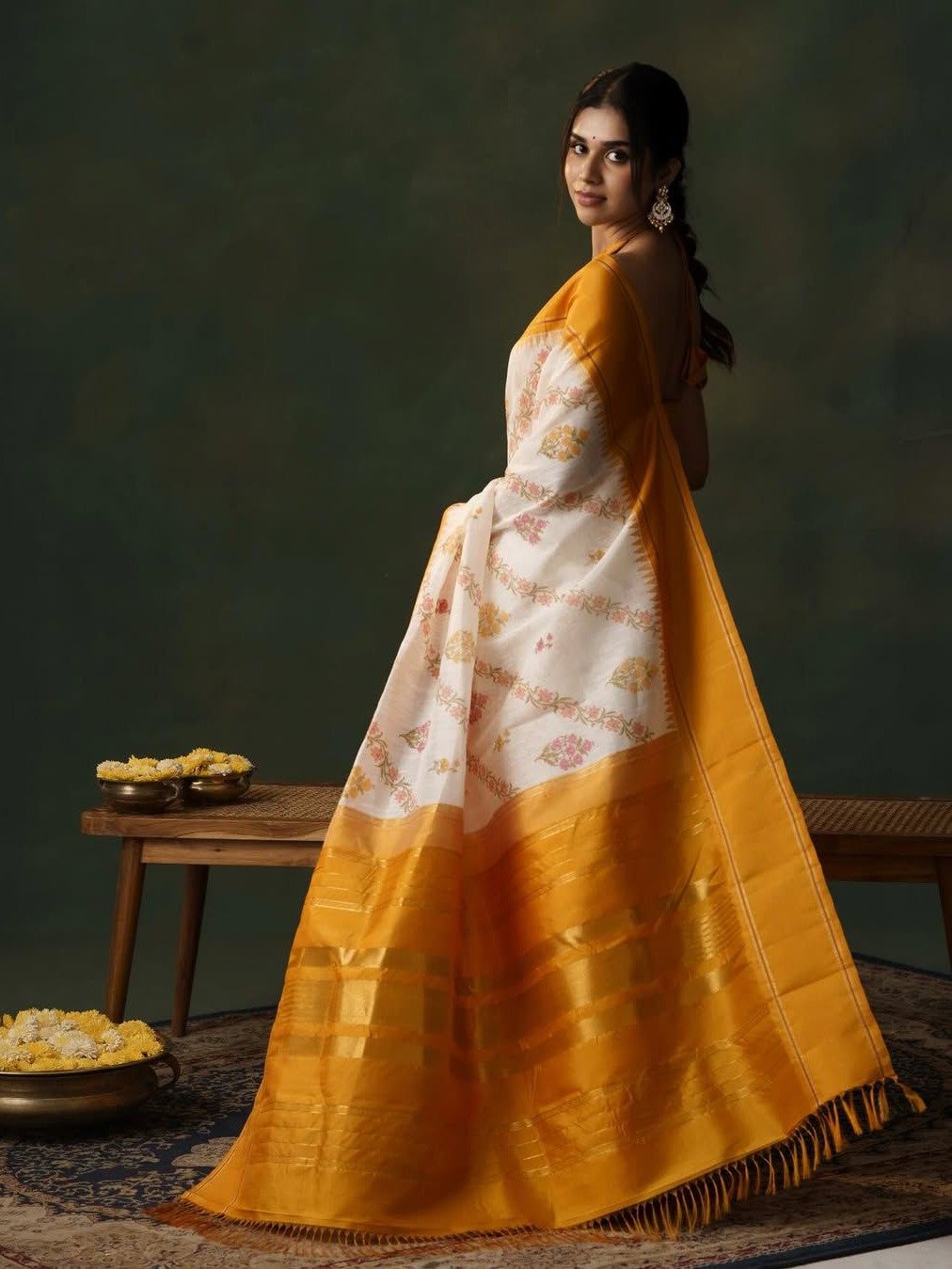 White Block Printed Linen Kanjeevaram Silk Saree With Yellow Border 