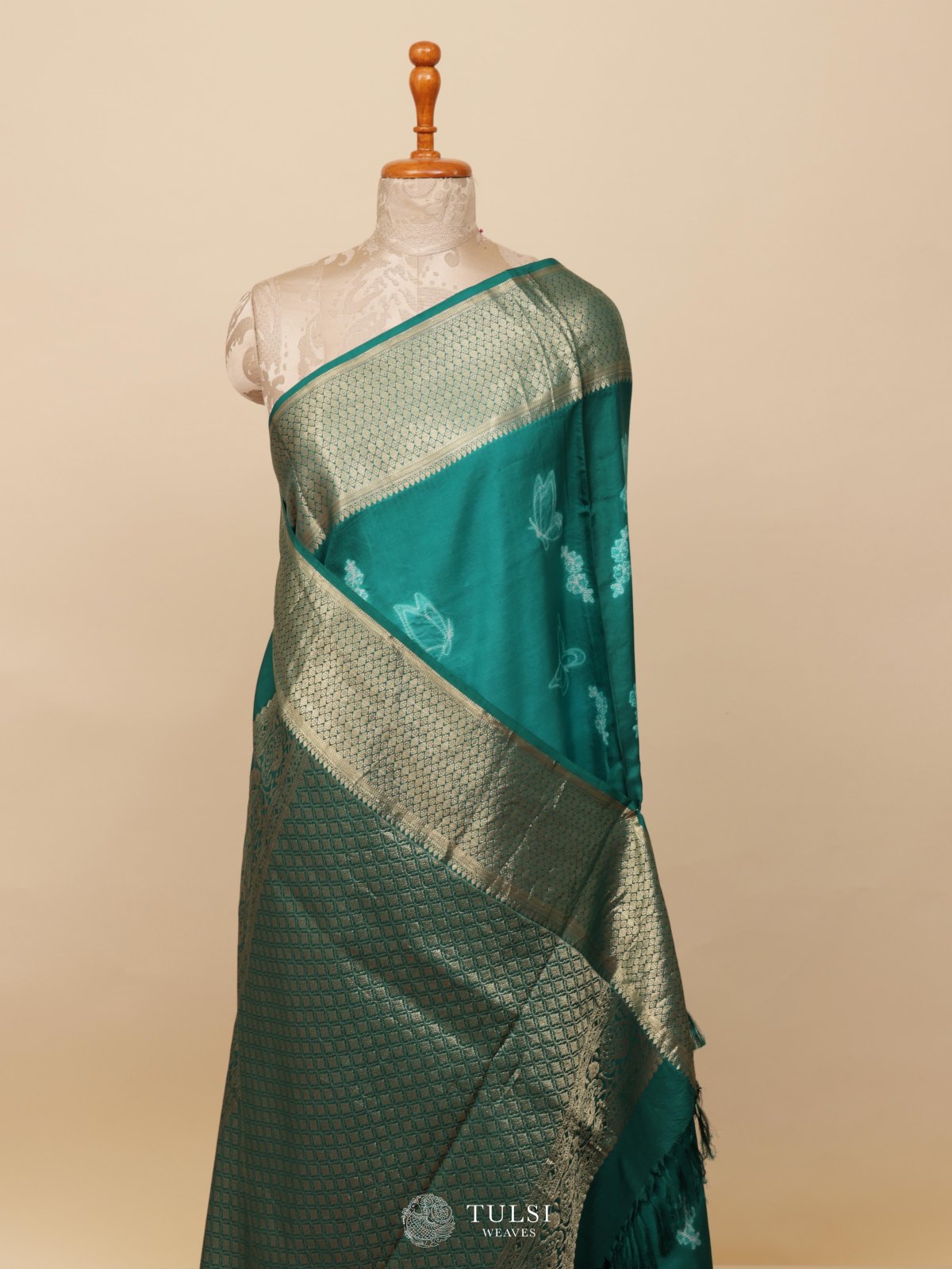Dark Aqua Blue Shibori Kanjeevaram Silk Saree