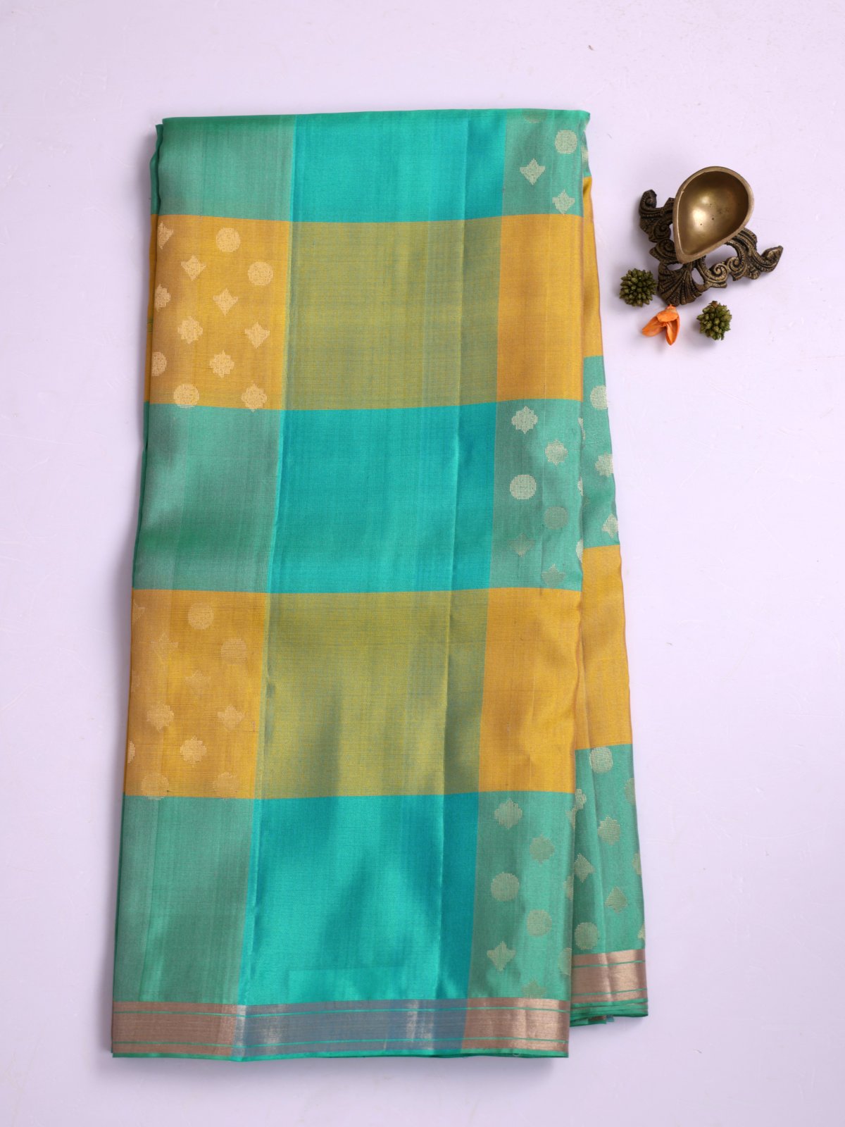 Teal Green And Yellow Checked Soft Silk Tussar Saree