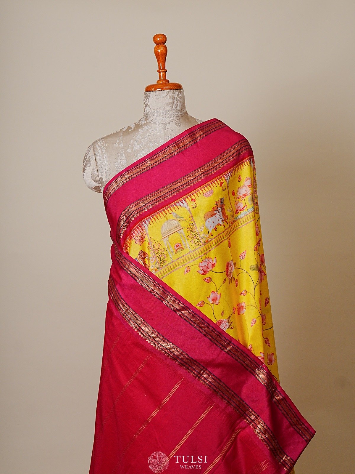 Yellow Printed Kanjeevaram Silk Saree