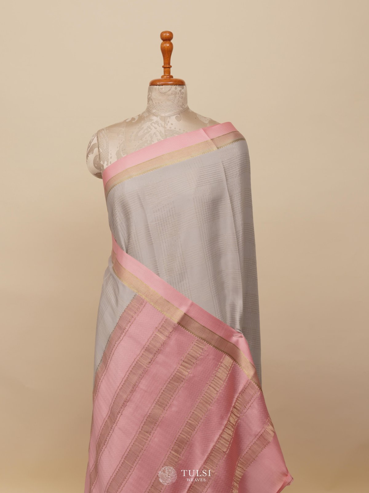 Grey Mysore Silk Saree With Light Pink Border