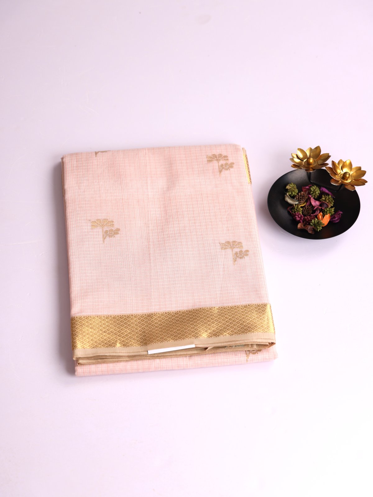 Peach Kota Cotton Silk Saree With Zari Border