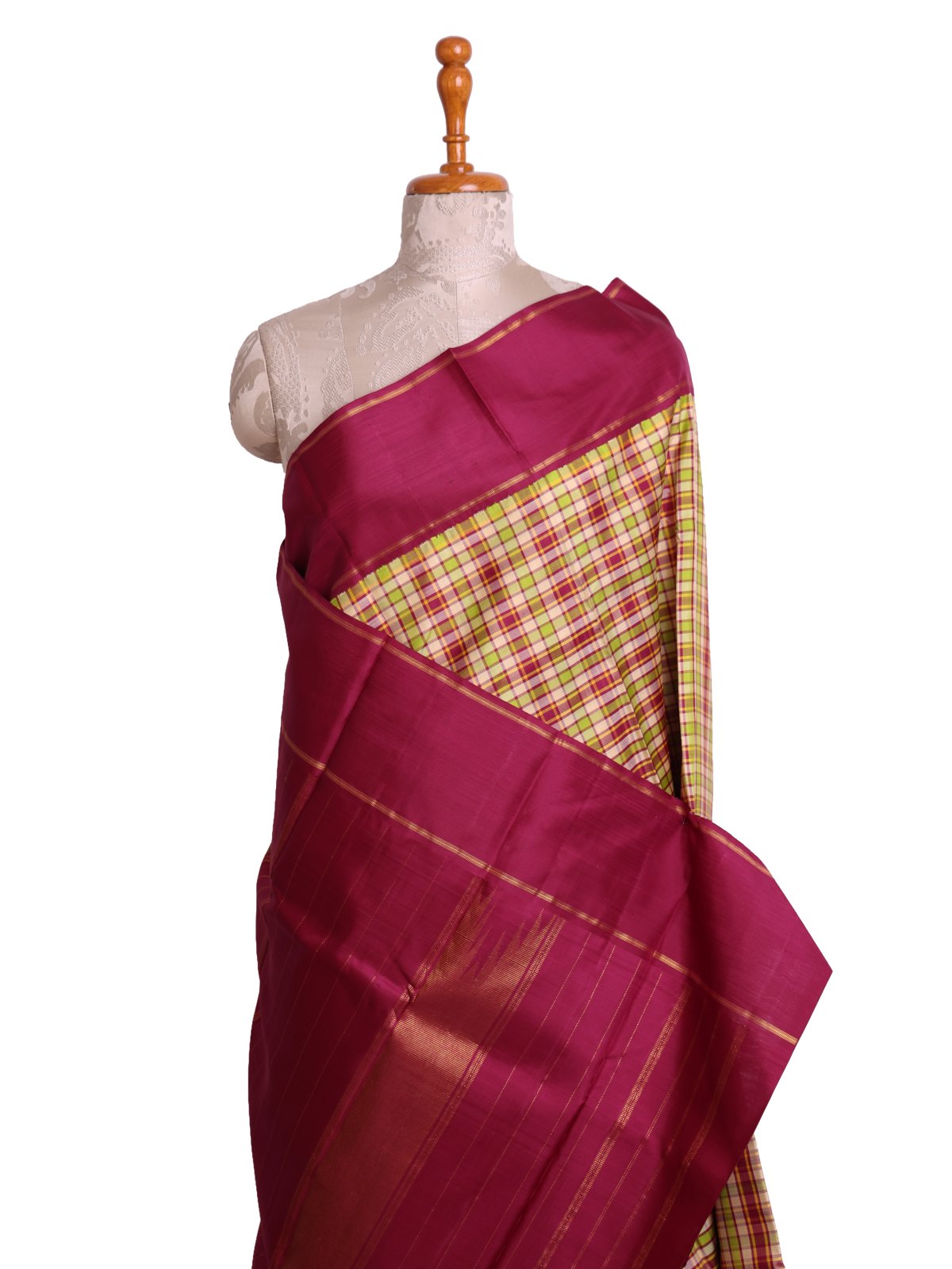 Multicolor Checked Kanjeevaram Silk Saree with Wine Red Border