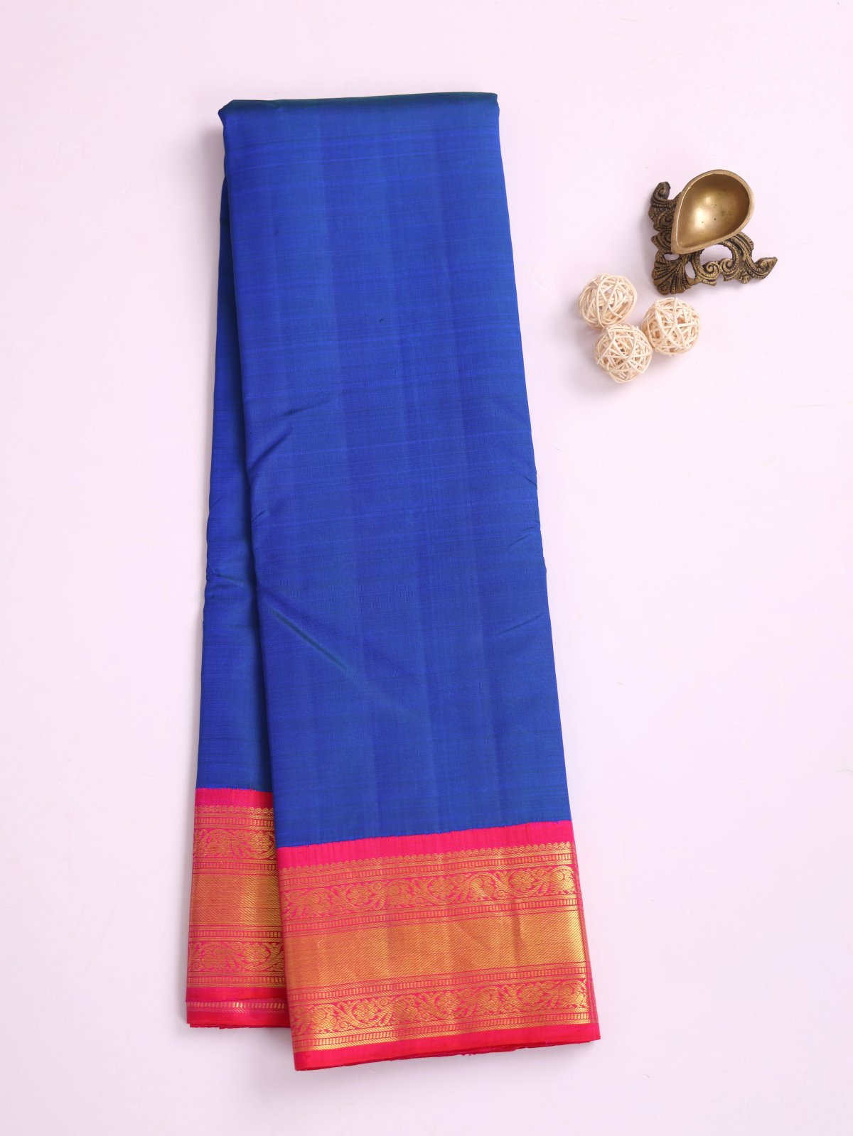 Royal Blue Kanjeevaram Silk Saree With Reddish Pink Zari Border 