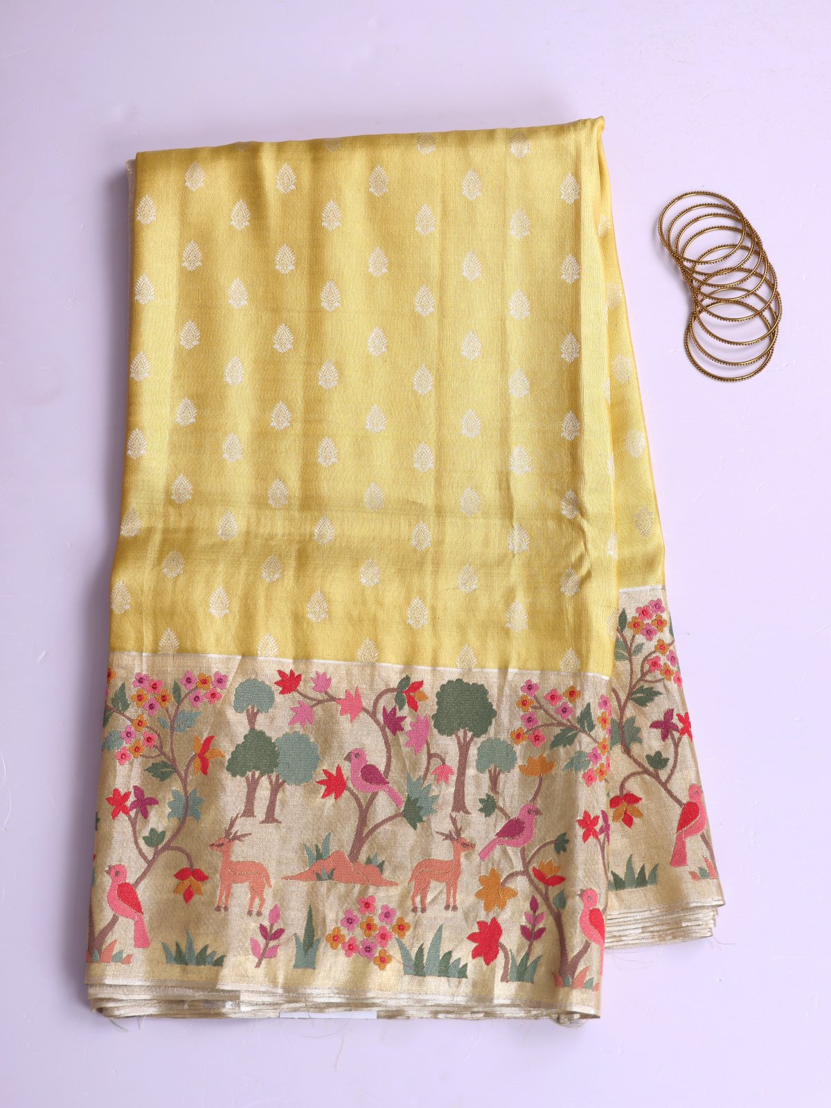 Yellow Tissue Kanjeevaram Silk Saree With Embroidered Border