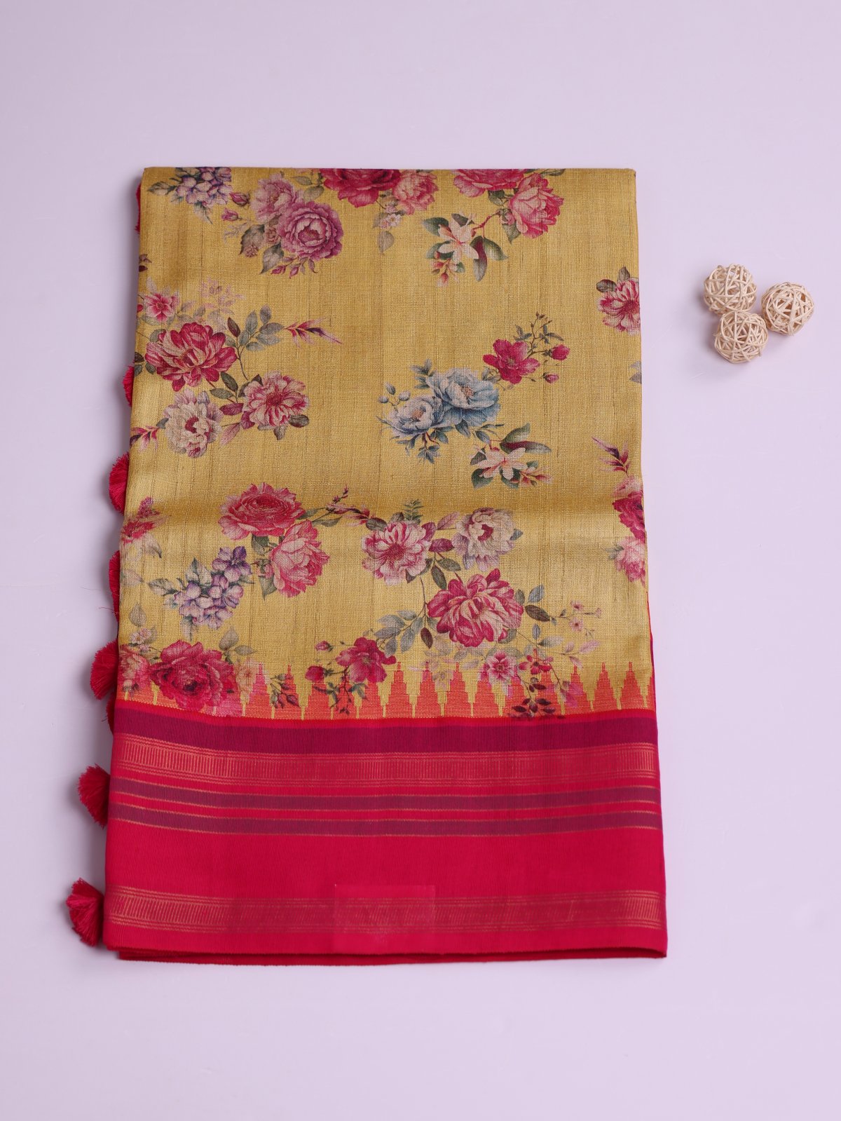 Yellow Printed Tussar Silk Saree With Rani Pink Border