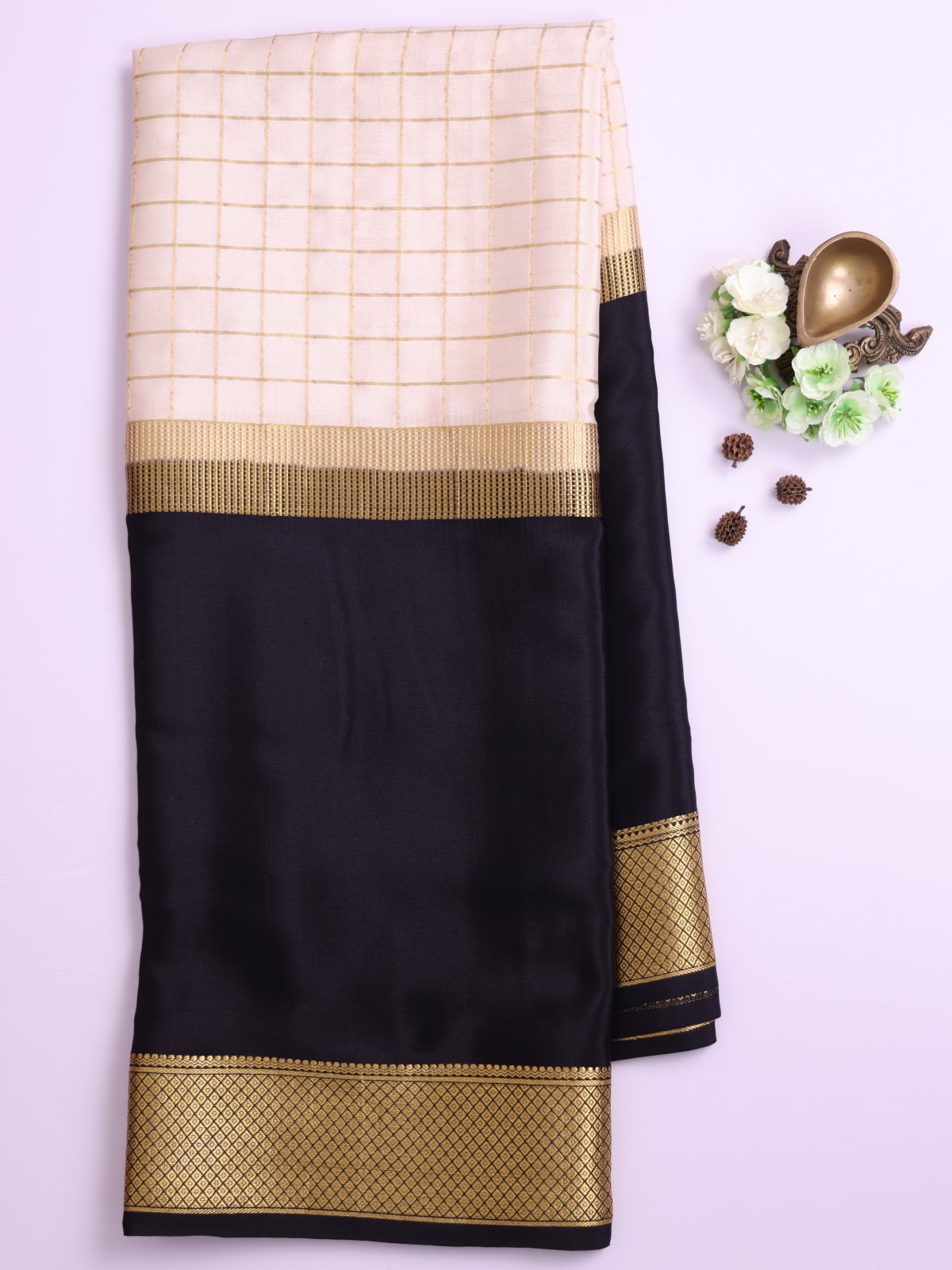 Offwhite Zari Checked Mysore Silk Saree With Black Border
