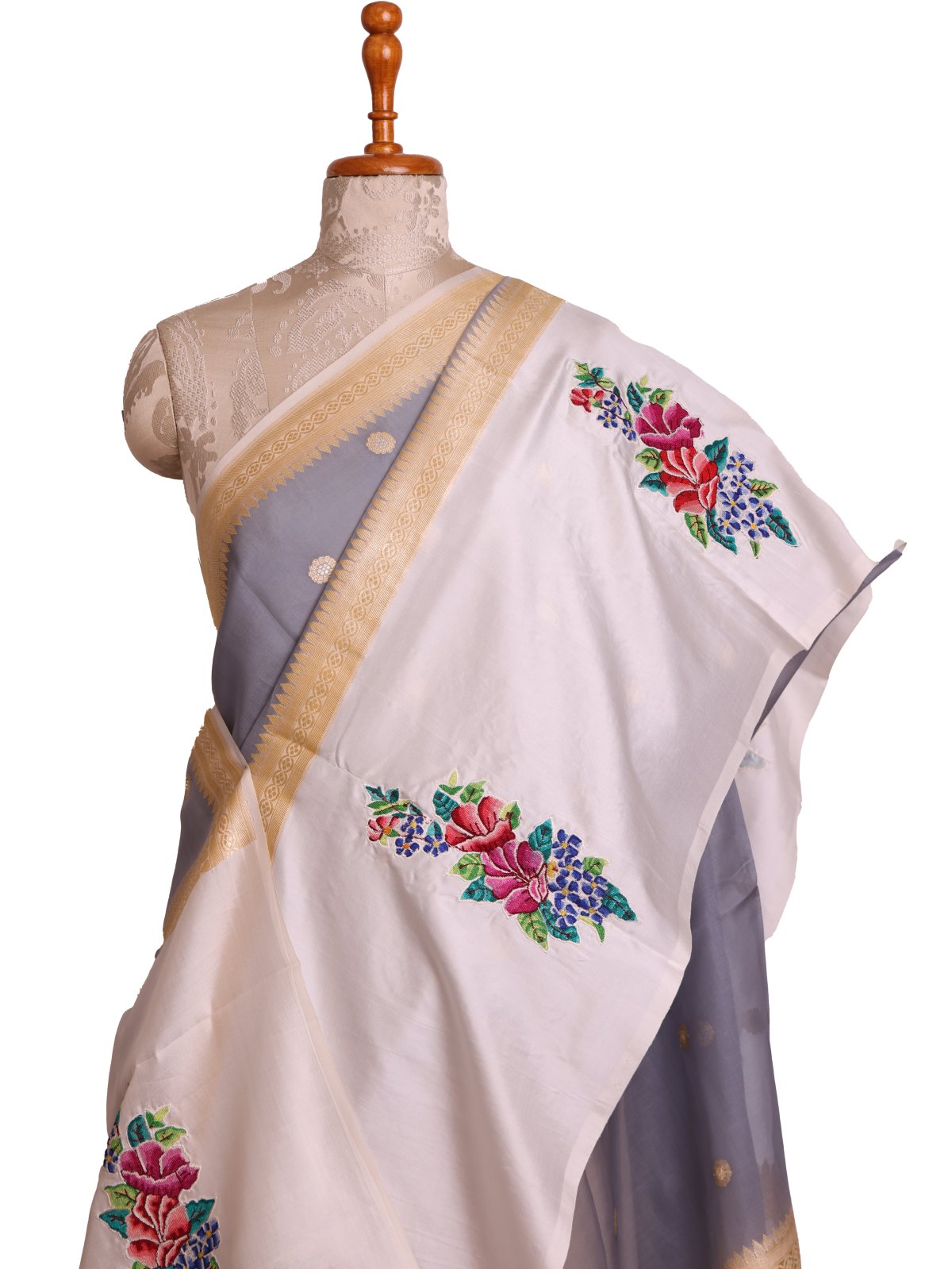 Grey Banaras Organza Saree With Off White Silk Border