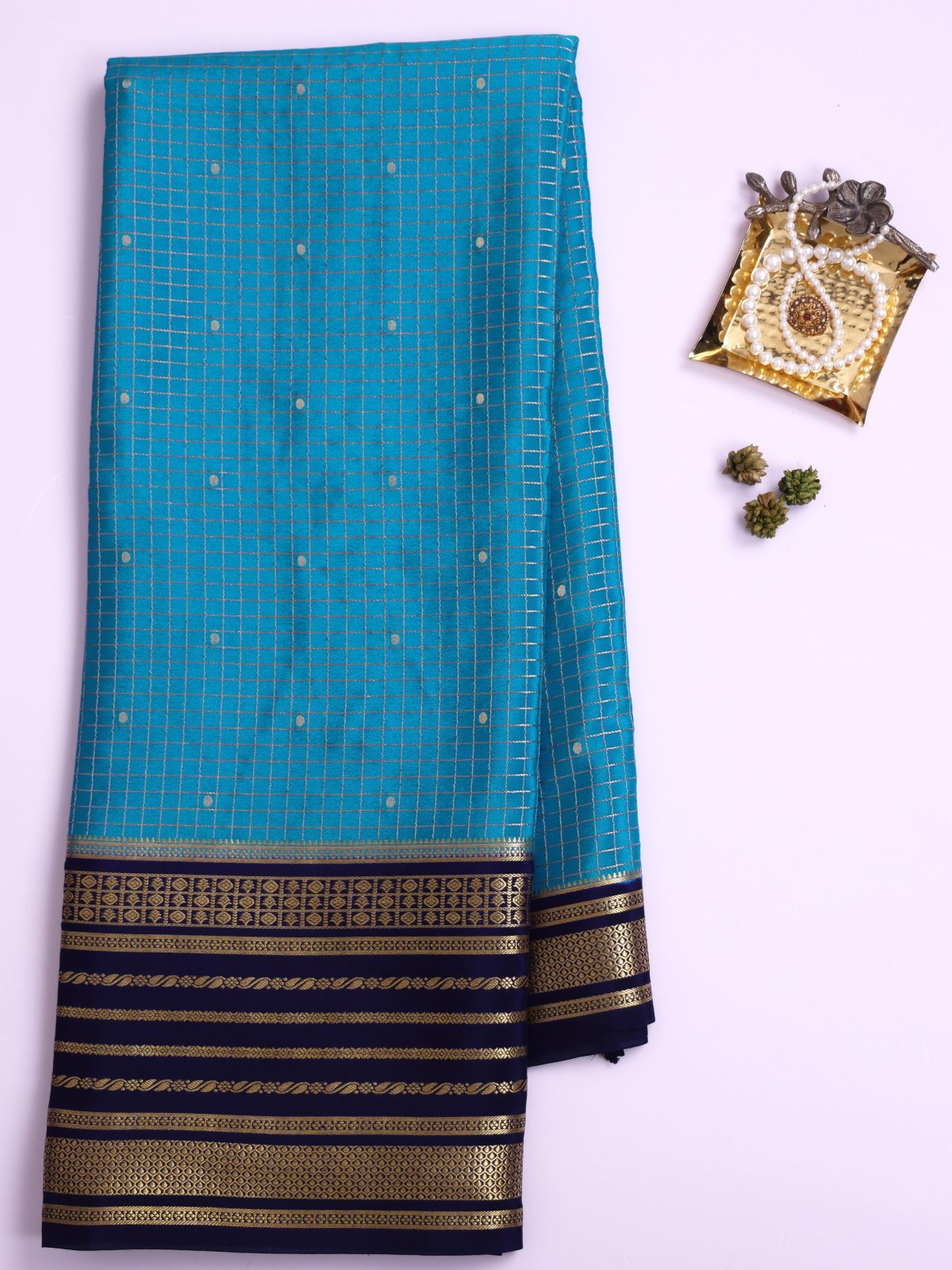 Anandha Blue Zari Checked Mysore Silk Saree With Dark Navy Blue Border