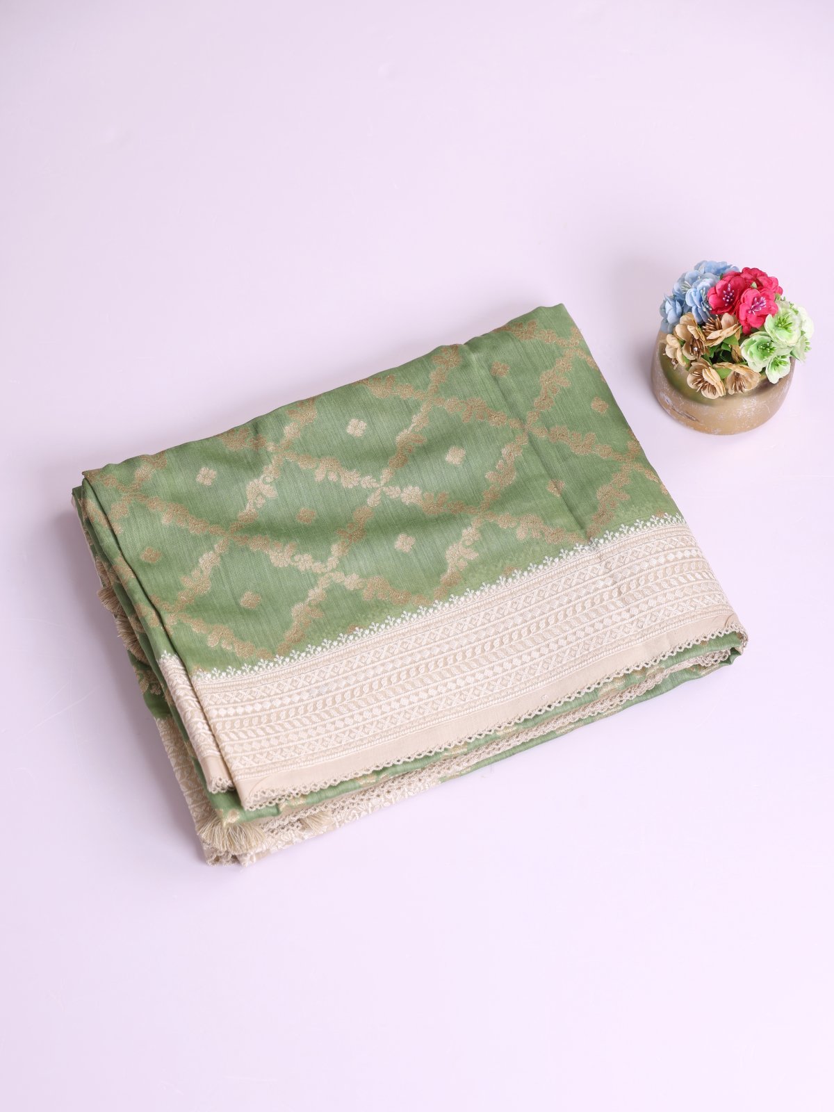 Pastel Green Munga Tussar Silk Saree With Beige Embroidery Border
