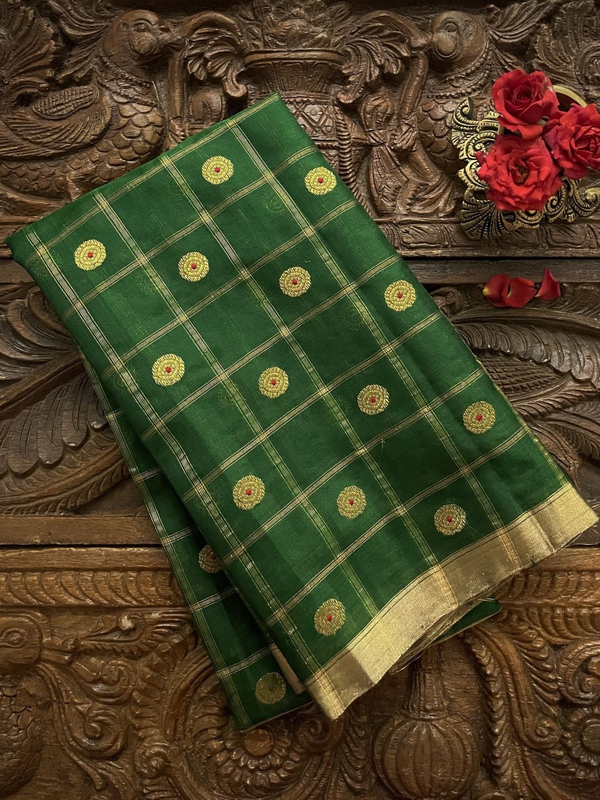 Green Chanderi Silk Blouse With Gold Zari Checks and Motifs