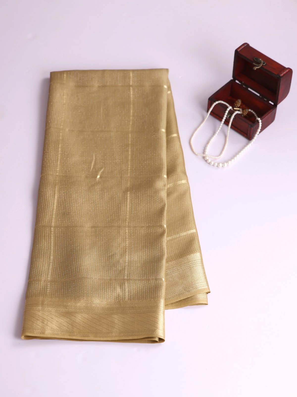 Beige Zari Checked Mysore Crepe Silk Saree