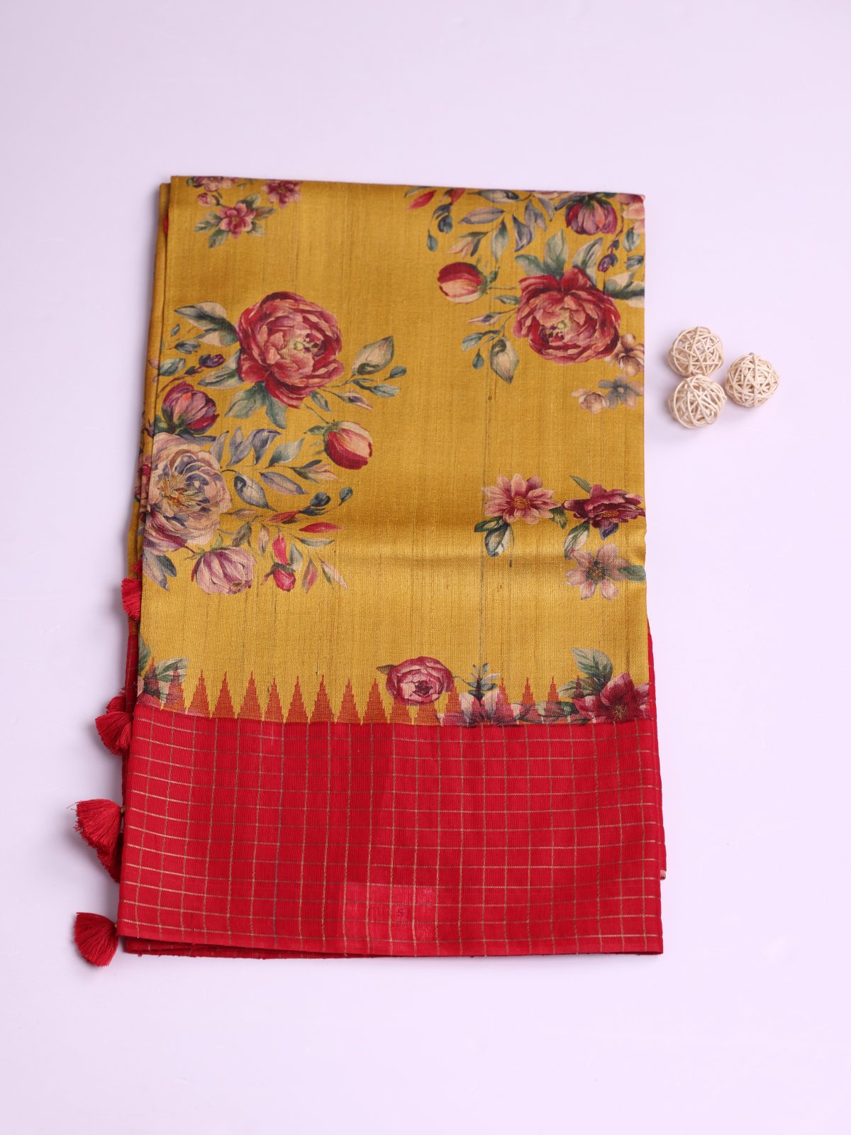 Mustard Yellow Printed Tussar Silk Saree With Red Zari Checked Border